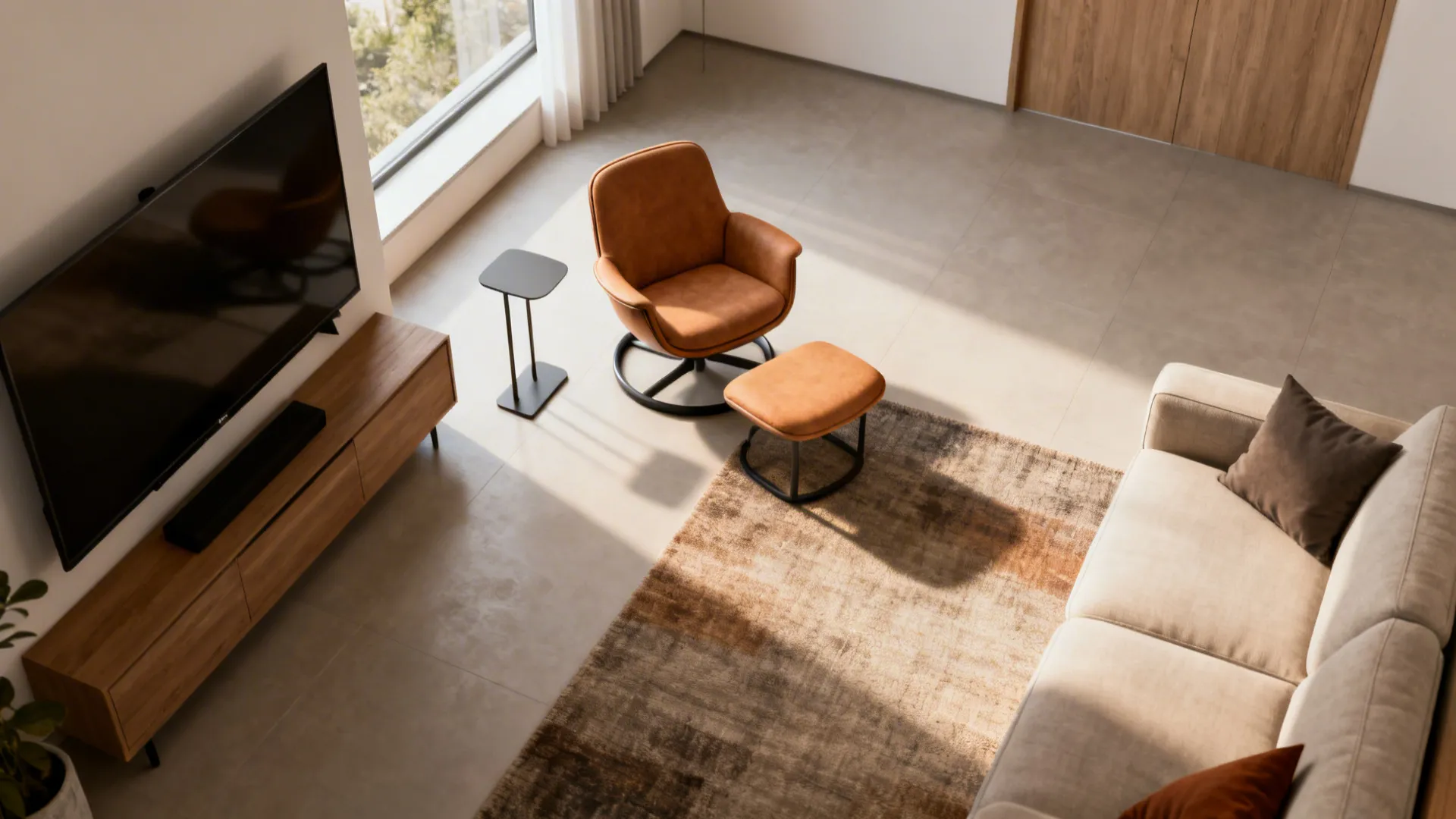 Petite swivel chair illustrating flexible orientation between TV and seating in a small living room.