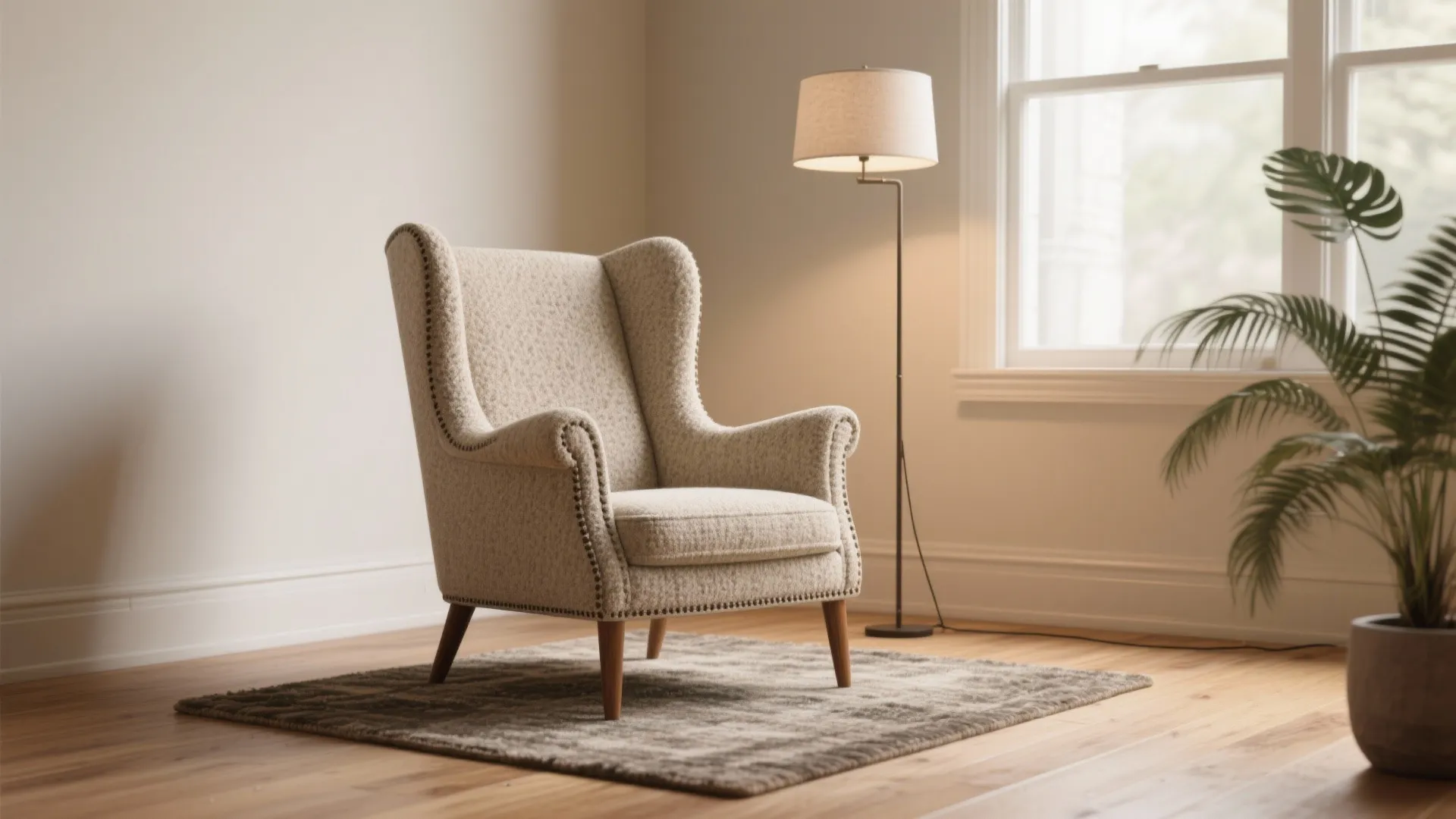 Classic beige armchair on a textured rug with floor lamp and plant by the window