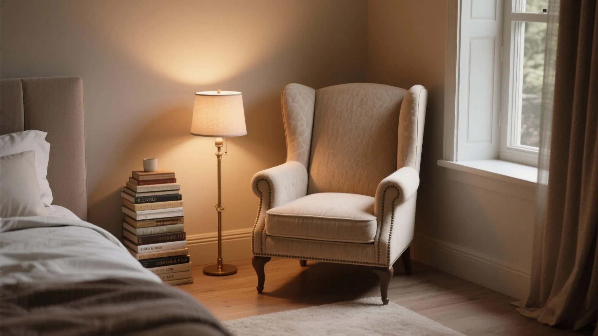 Petite wingback chair creating a cozy reading nook with a small lamp