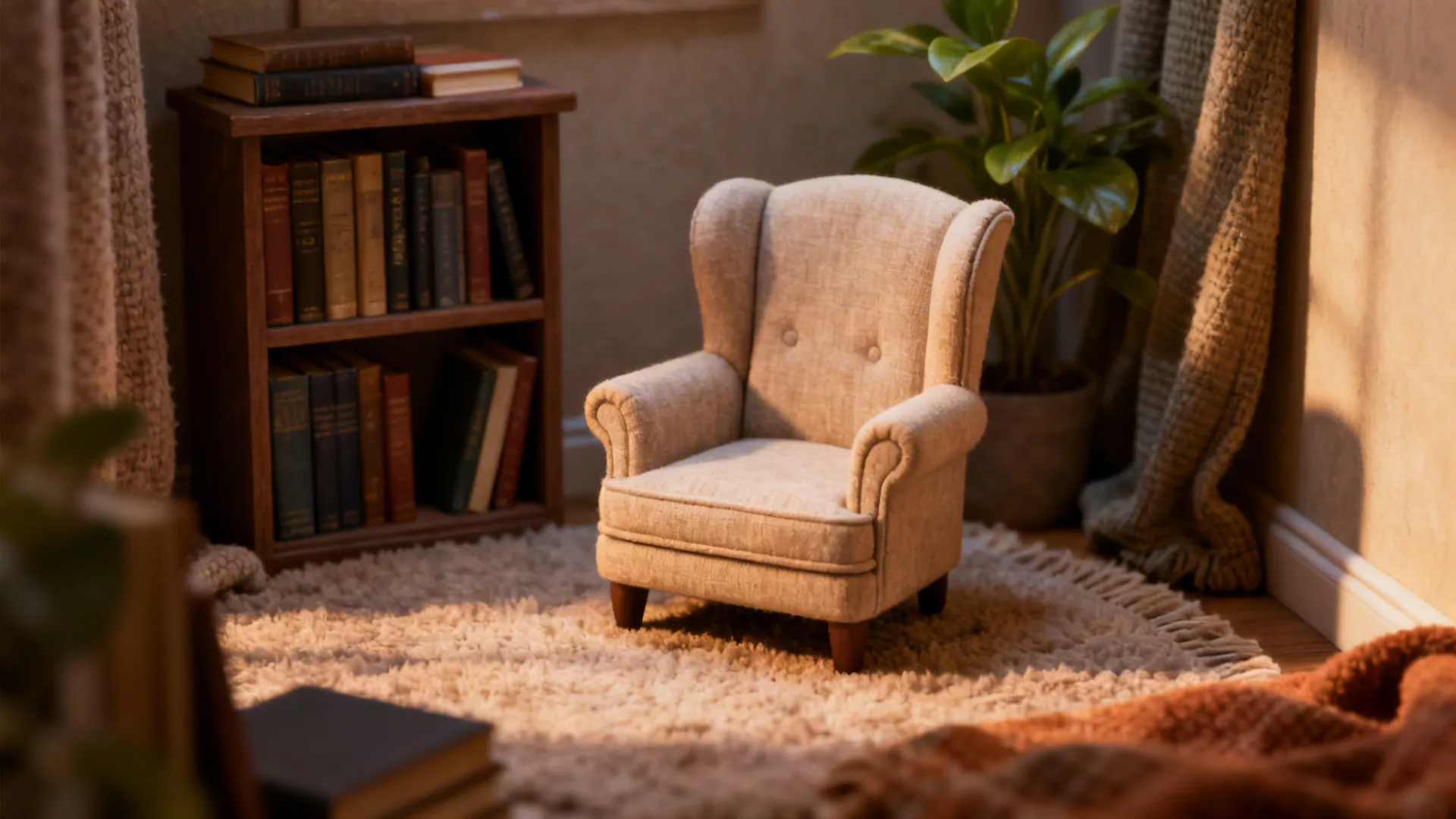 Petite-scale wingback chair in a cozy nook designed for shorter people