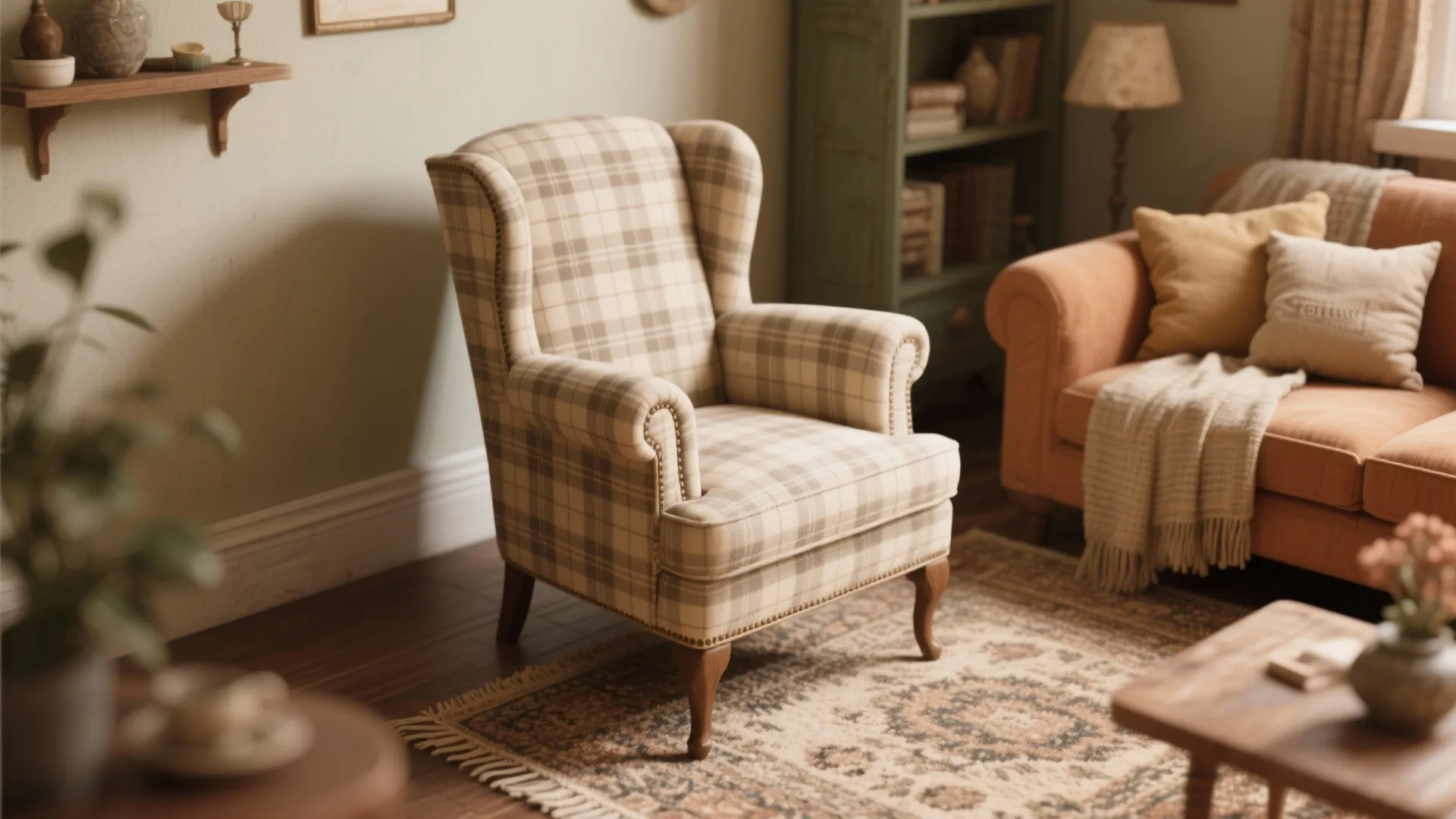 Small plaid wingback chair in a vintage-style living room