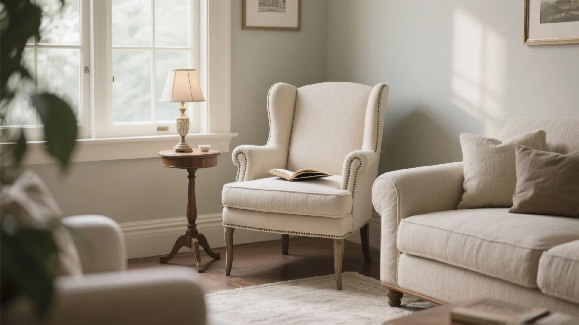 Petite wingback chair in cozy small reading nook