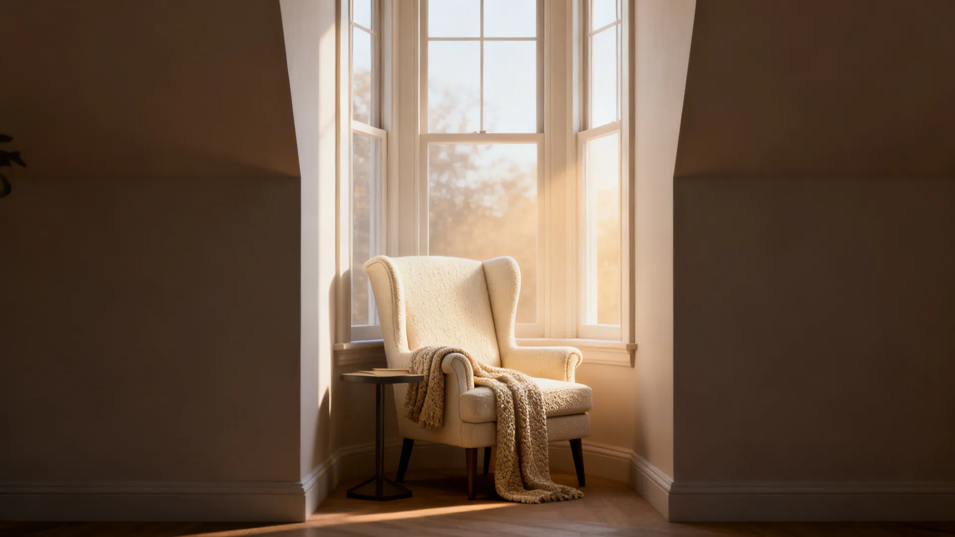 Petite cream wingback chair by a tall window creating a reading nook