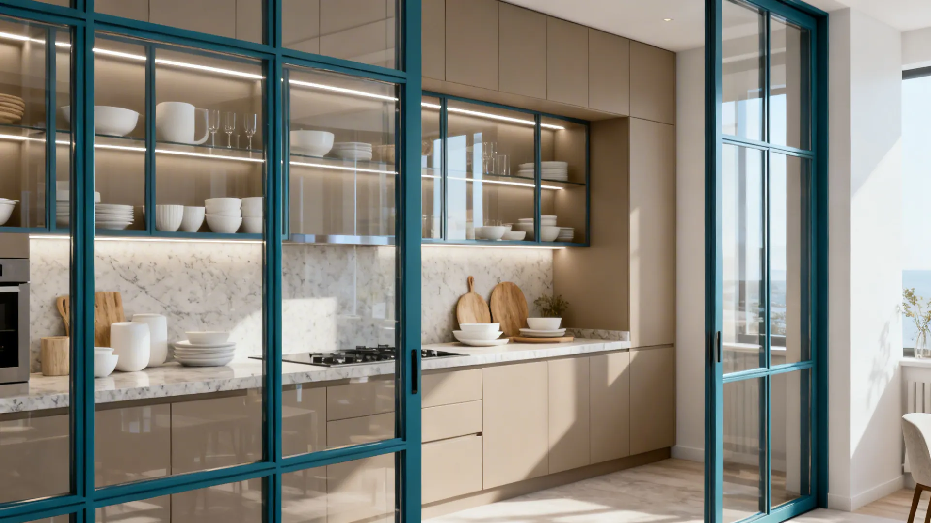 Small kitchen with petrol-blue slim metal frames and clear low-iron glass doors displaying tidy crockery.