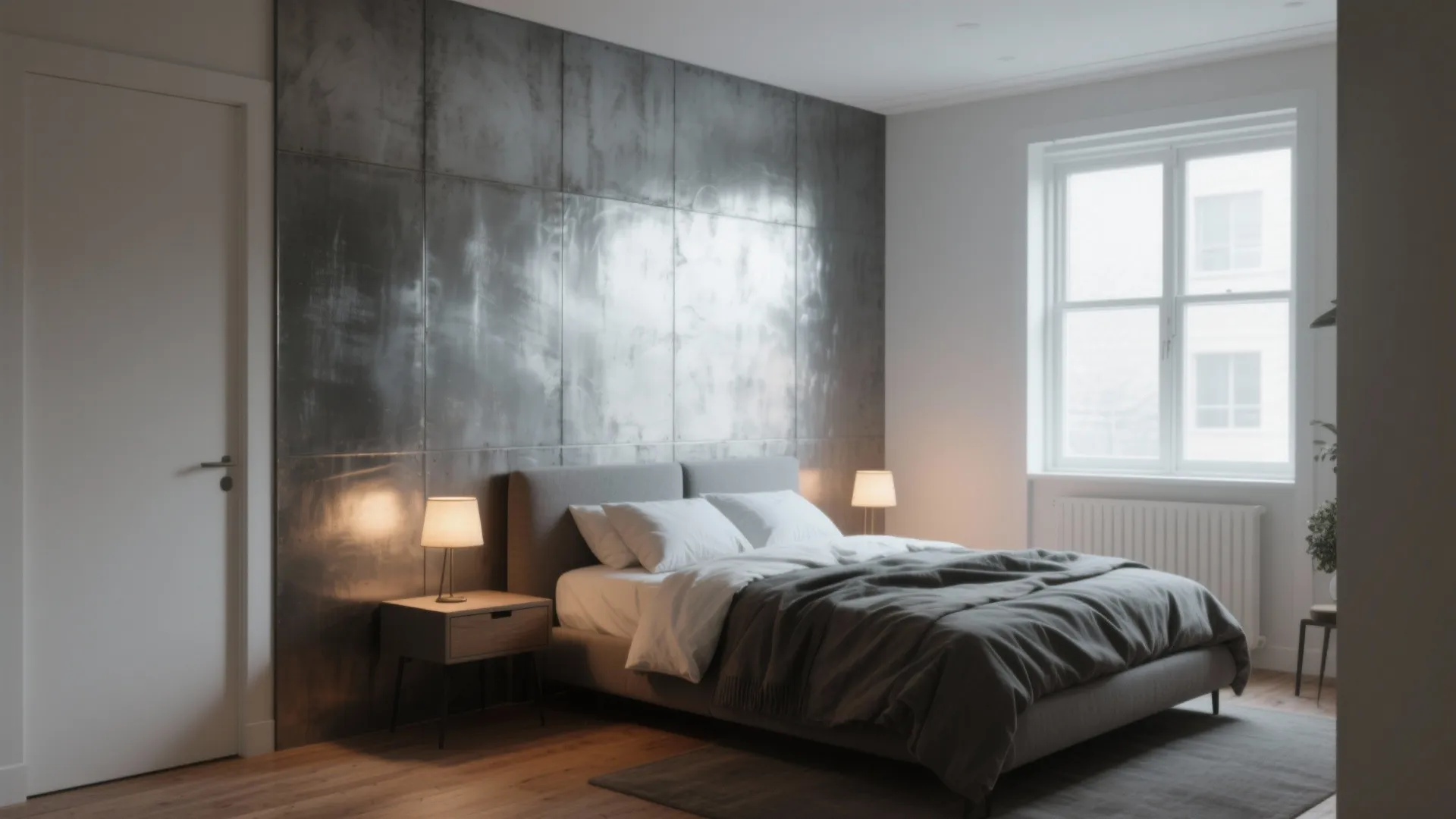 Modern bedroom with a grey metal wall panel grey bed wooden floor and warm lights