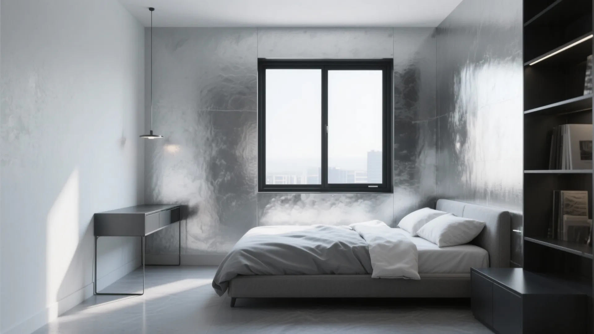 Modern grey bedroom with silver wall panel black bookshelf minimalist desk central window and bed