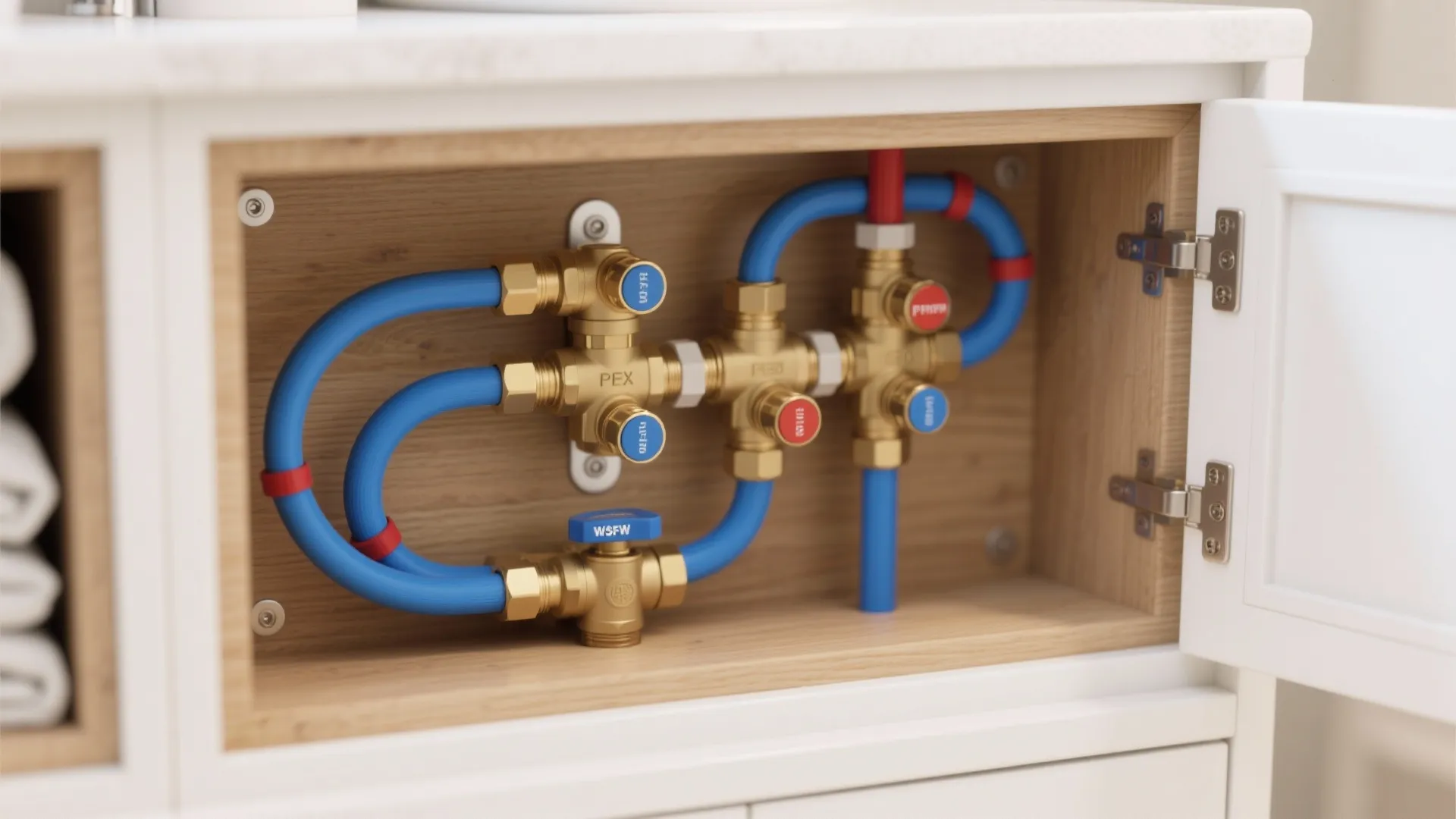 Open white bathroom cabinet showing blue water pipes and brass valves for home plumbing control