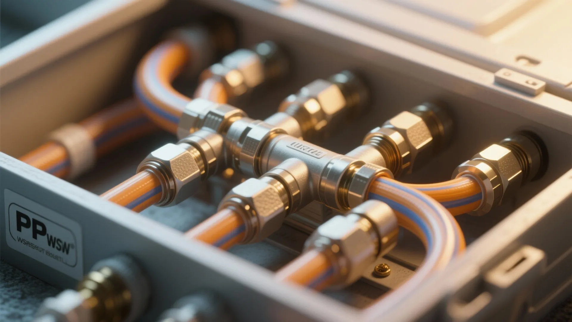 Close-up of PEX tubing and manifold fittings inside a tidy plumbing box.