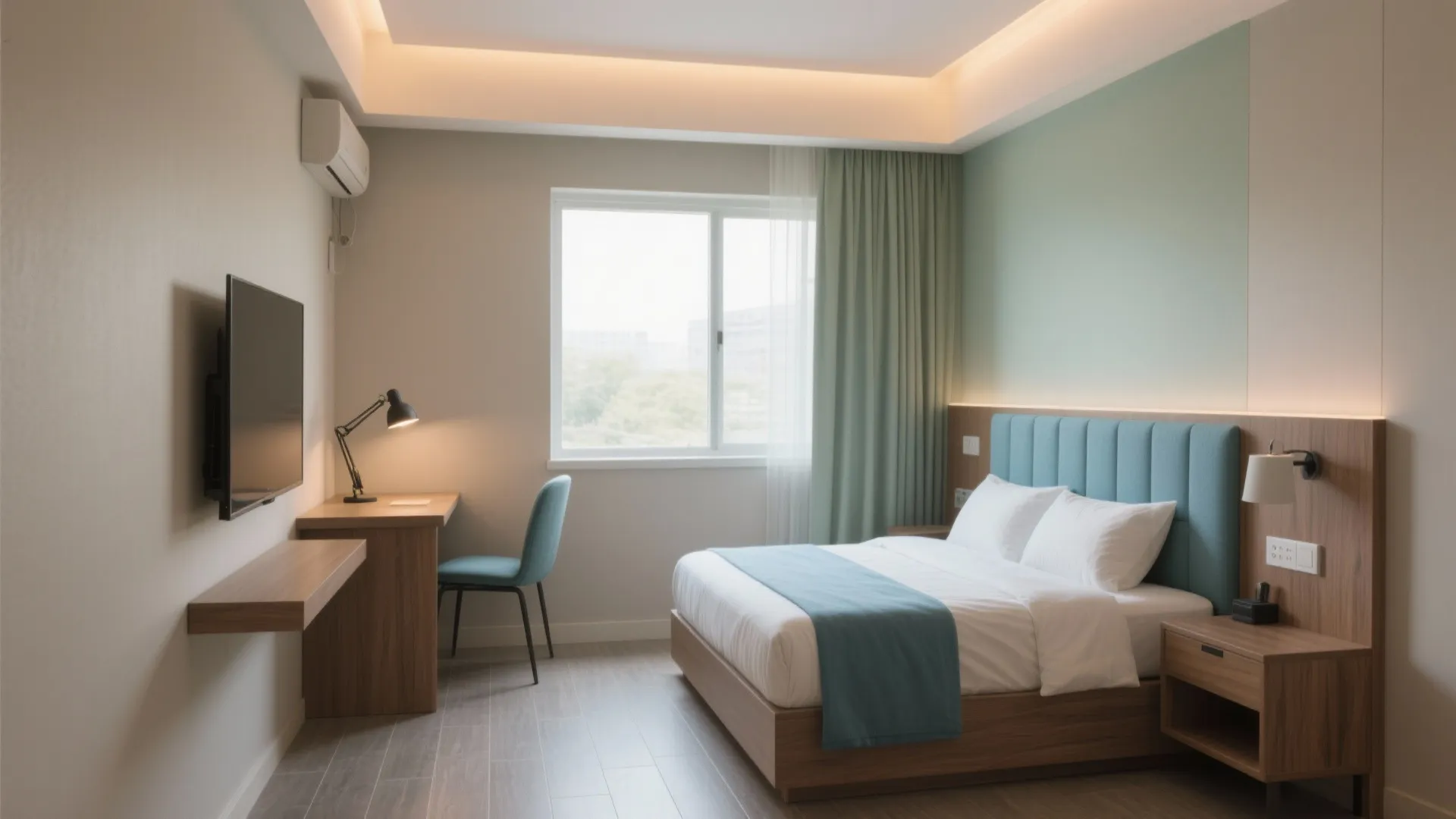 Minimalist bedroom with blue headboard bed, wooden desk, black lamp, wall TV, window, and curtains.
