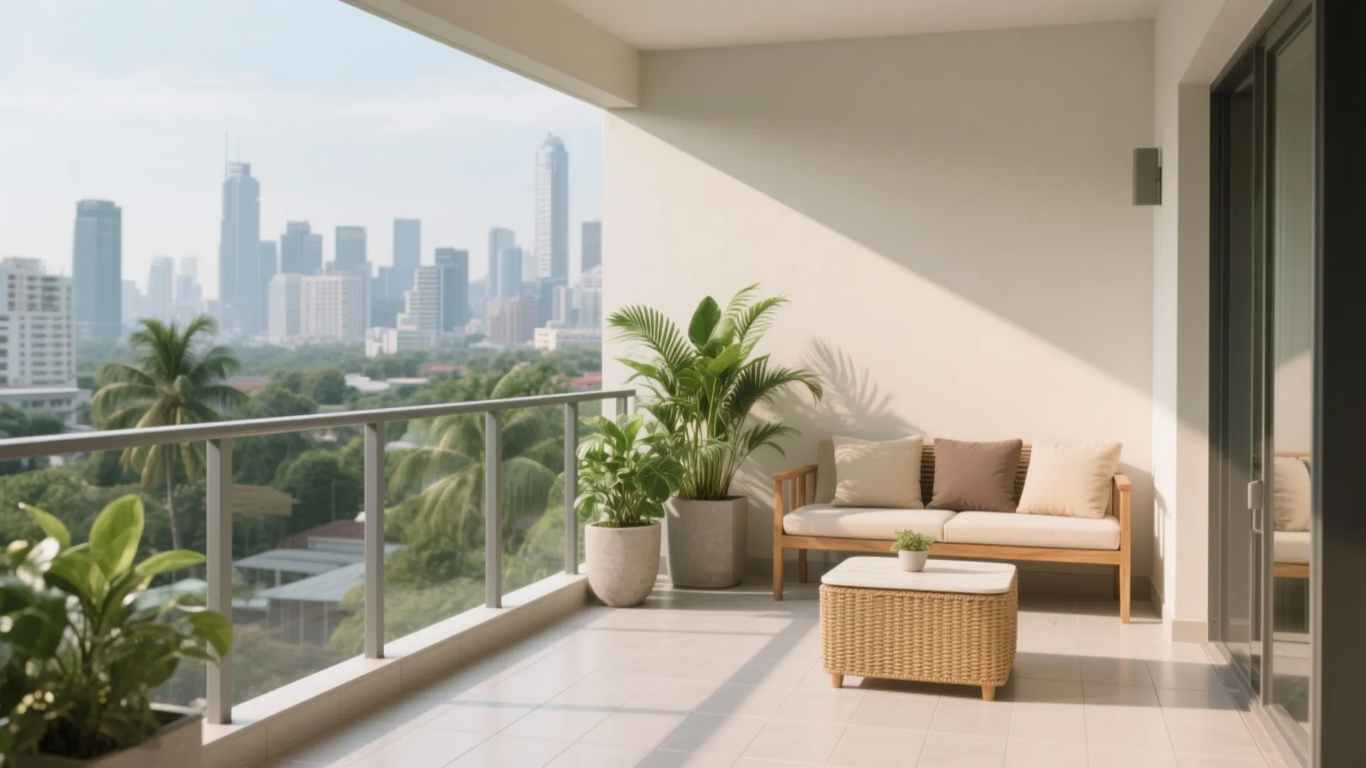 Sunny balcony featuring a wooden sofa with pillows potted plants and a city skyline view