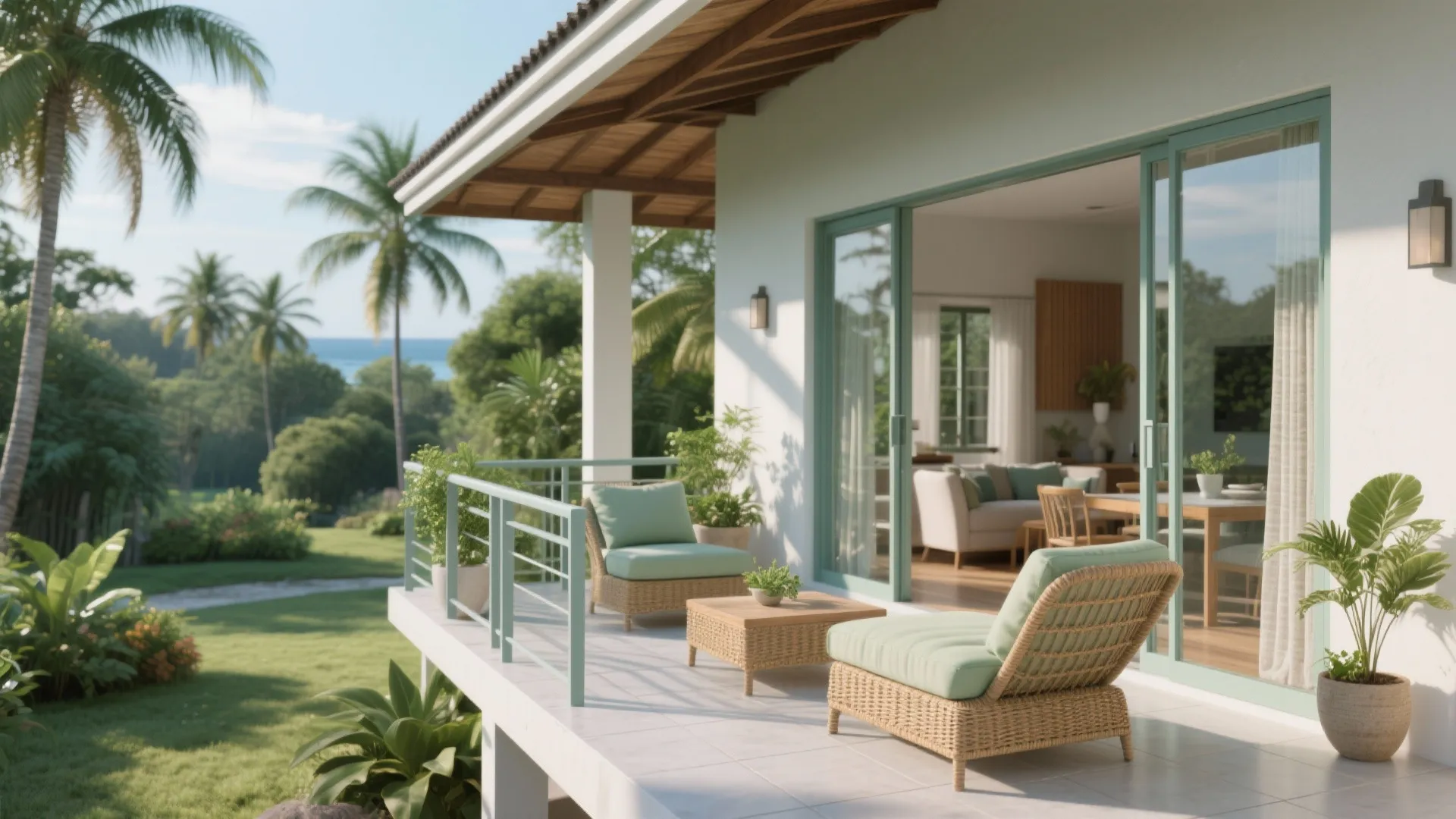 Tropical house balcony with light green chairs coffee table palm trees and blue ocean view background