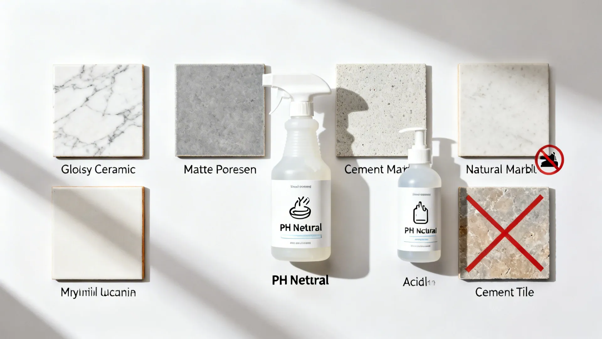 Top-down flat lay of tile samples and cleaners showing pH-neutral and alkaline choices for materials.