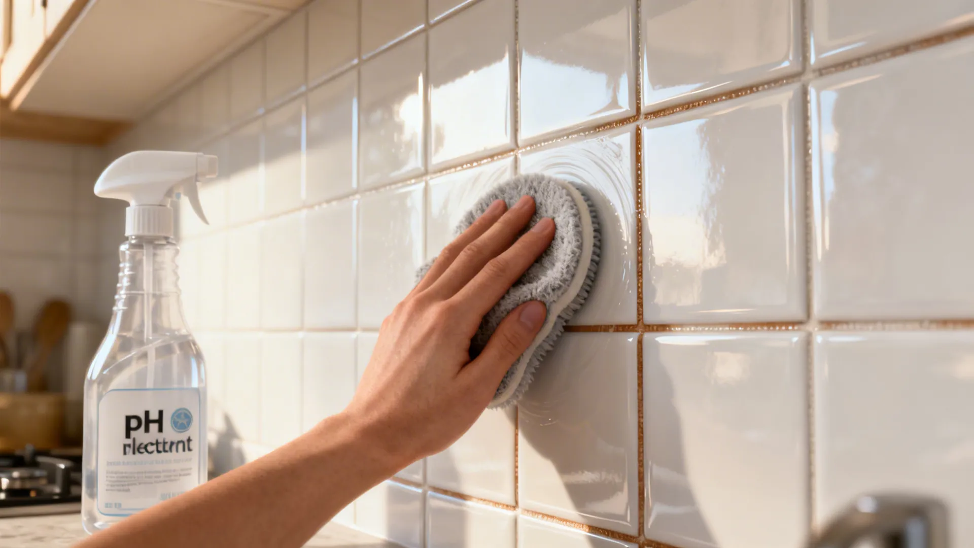 Macro of microfiber pad cleaning glossy ceramic tile with a pH-neutral spray bottle nearby.