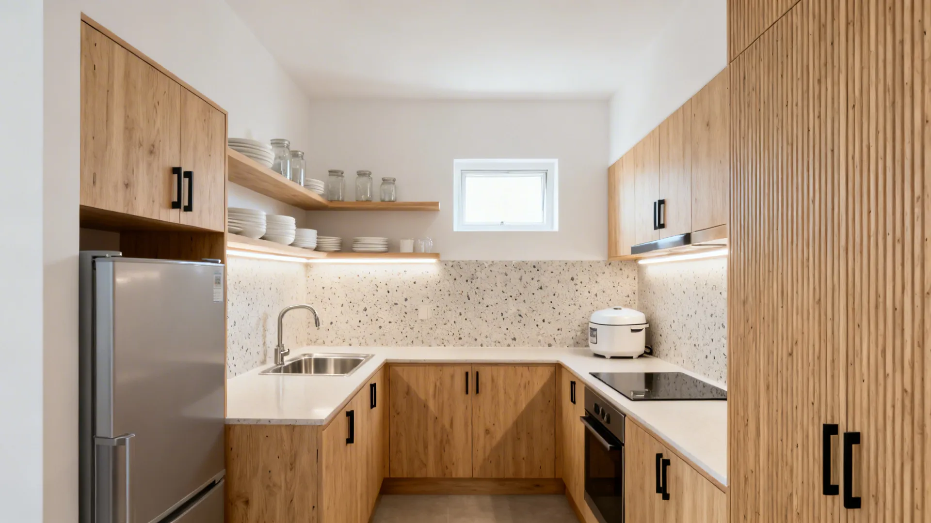 Modern U-shaped kitchen with wooden cabinets white countertops stainless steel sink and a large silver refrigerator