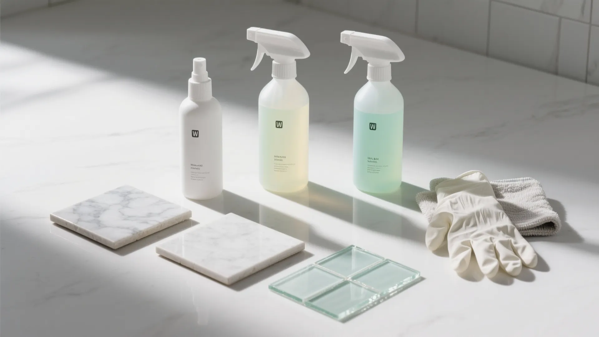 Top-down flat lay of unbranded cleaners with tile samples for porcelain, ceramic, marble, and glass, plus a microfiber cloth and gloves.