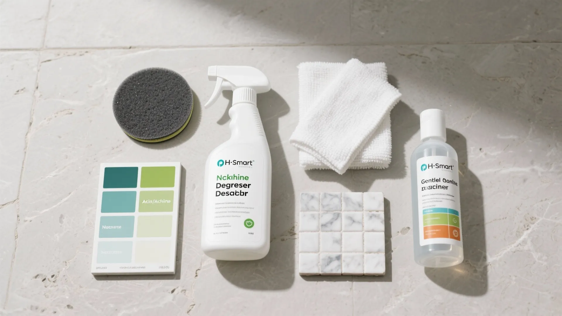 Flat lay of neutral, alkaline, and descaler cleaners with pads, sealer, and tile samples.