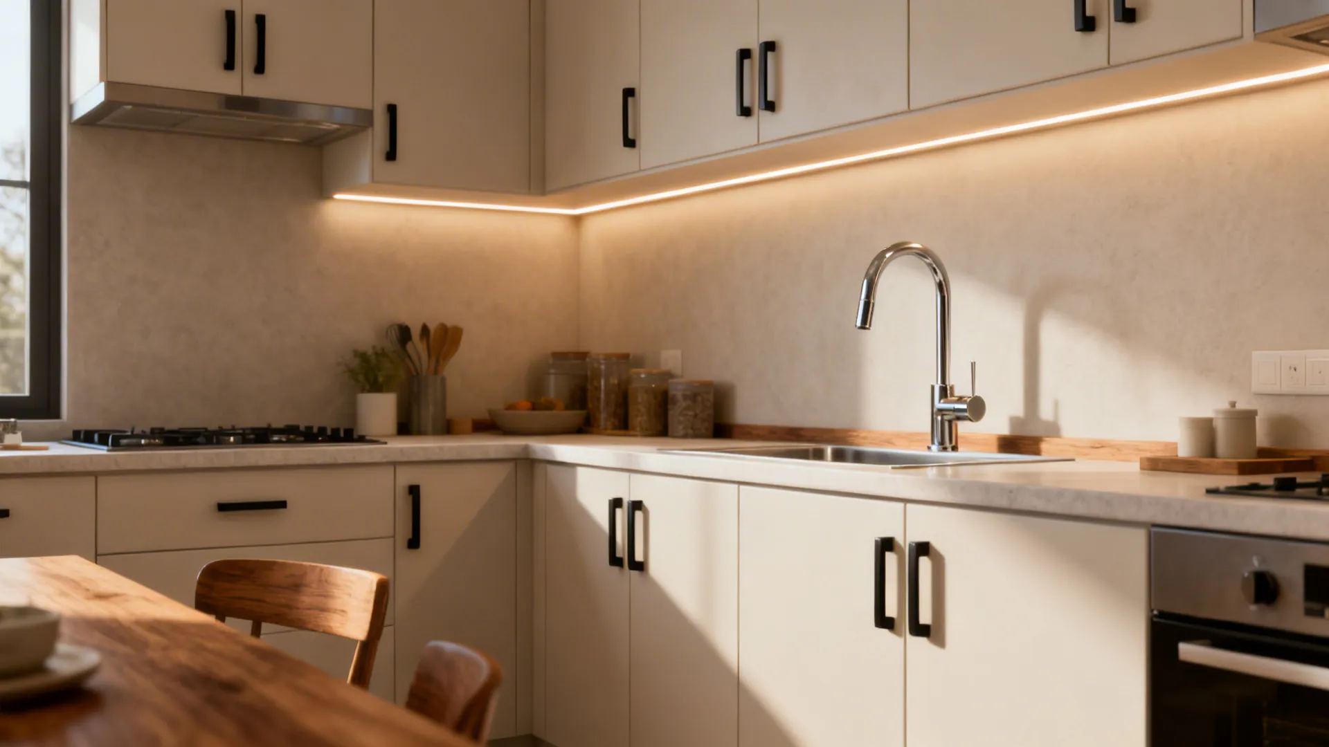 Small kitchen with new hardware, a statement faucet, and warmer lighting on existing cabinets.