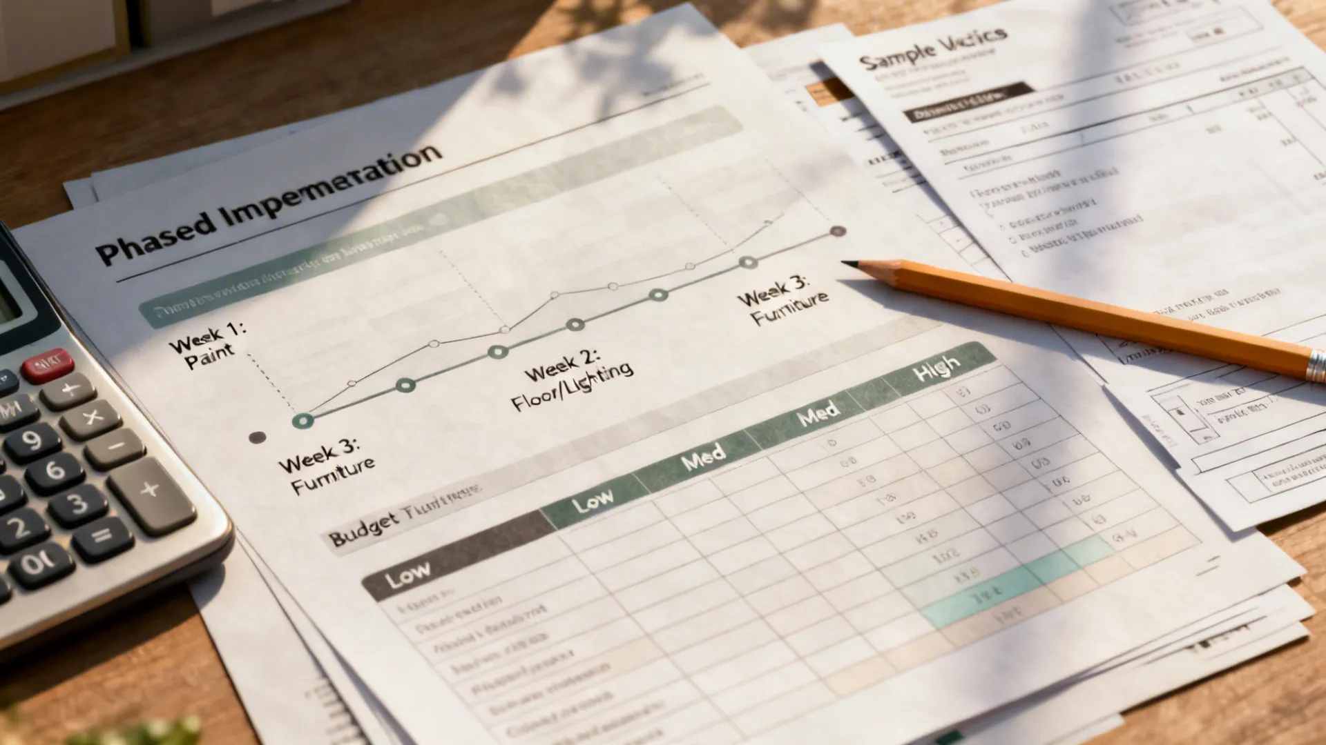Flatlay of a phased implementation timeline and budget spreadsheet with calculator and pencil.