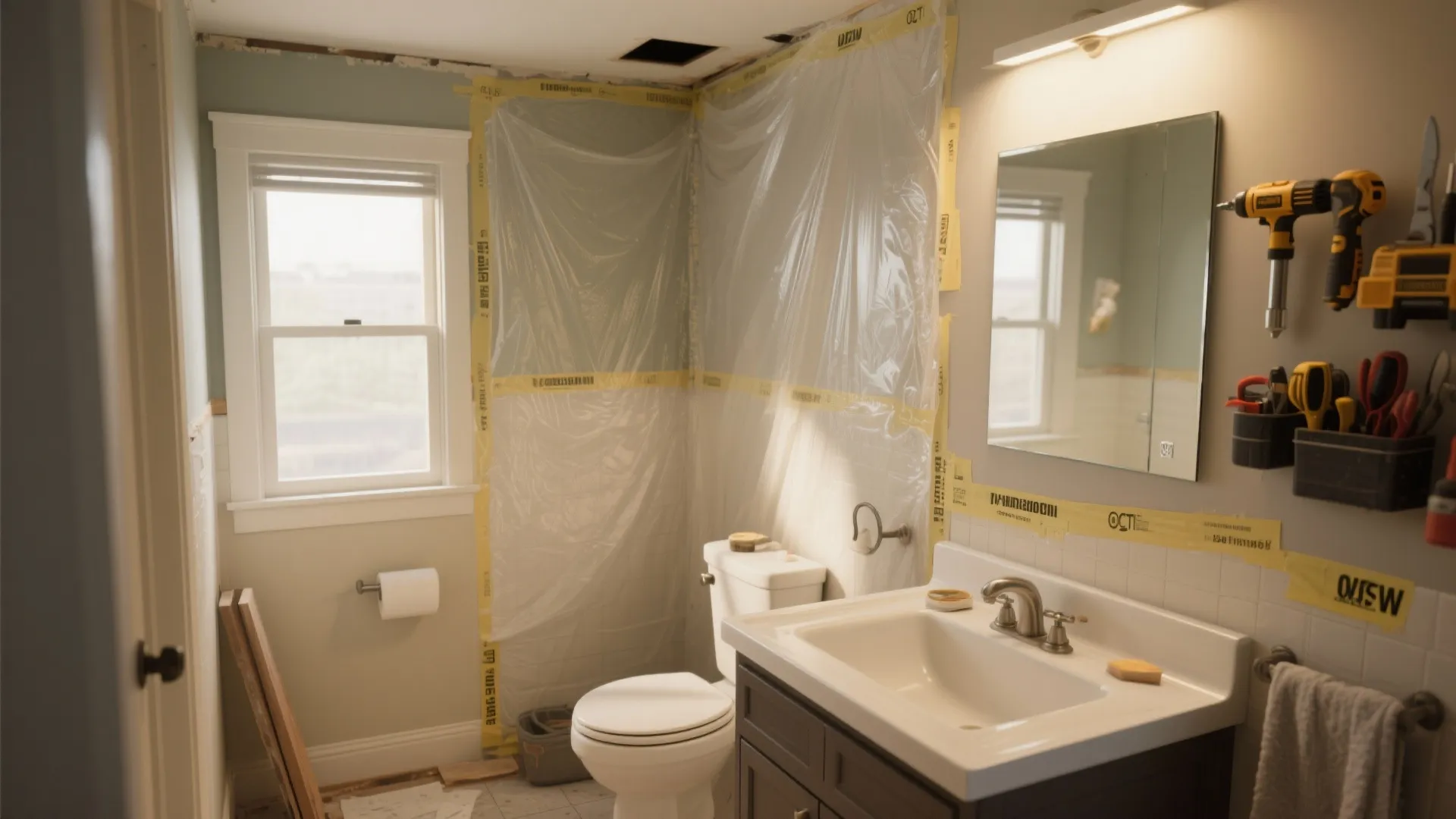 Bathroom renovation in progress with plastic sheets covering walls power tools and a white toilet