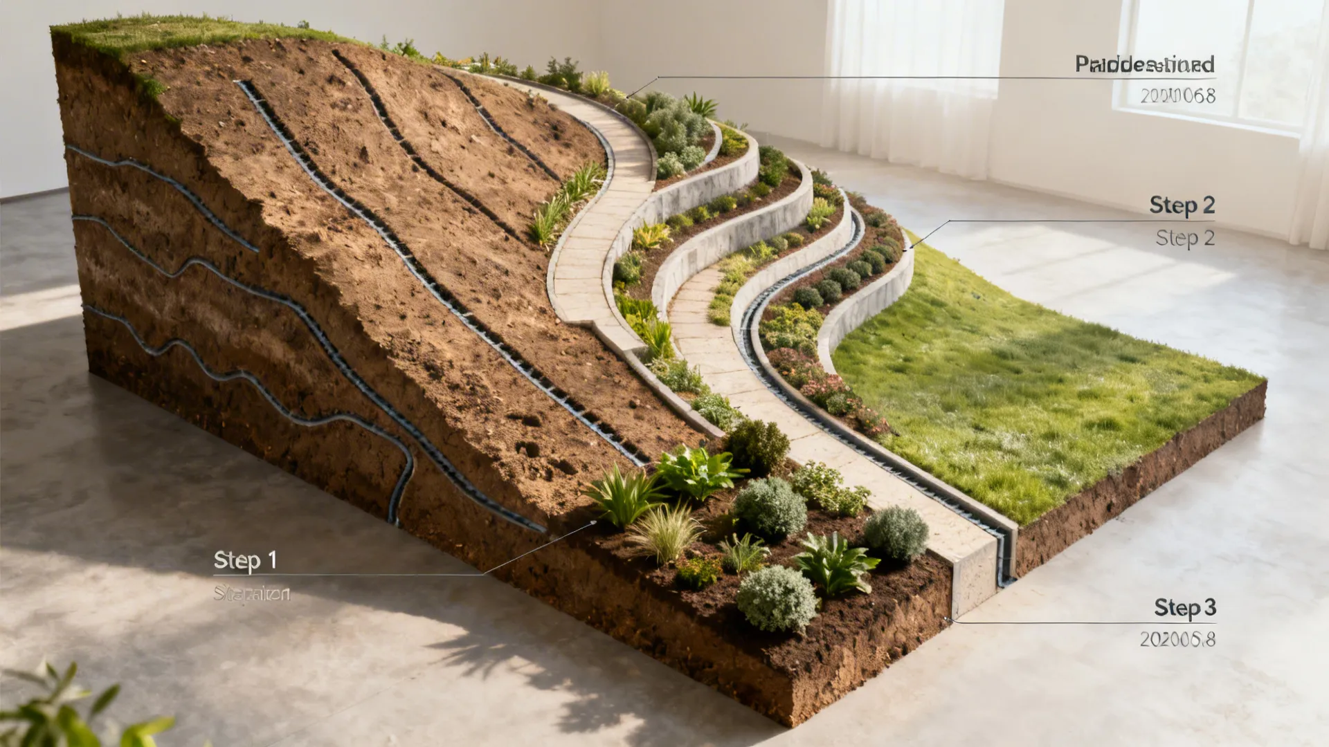 Top-down phased plan showing stabilization, terracing, and planting steps for a sloped yard.