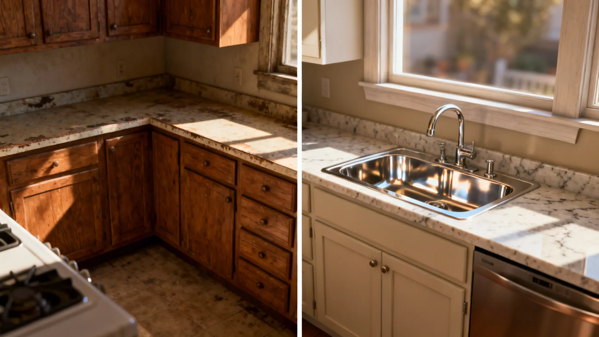 Before-and-after view showing phased renovation from bulky dated kitchen to efficient updated layout.