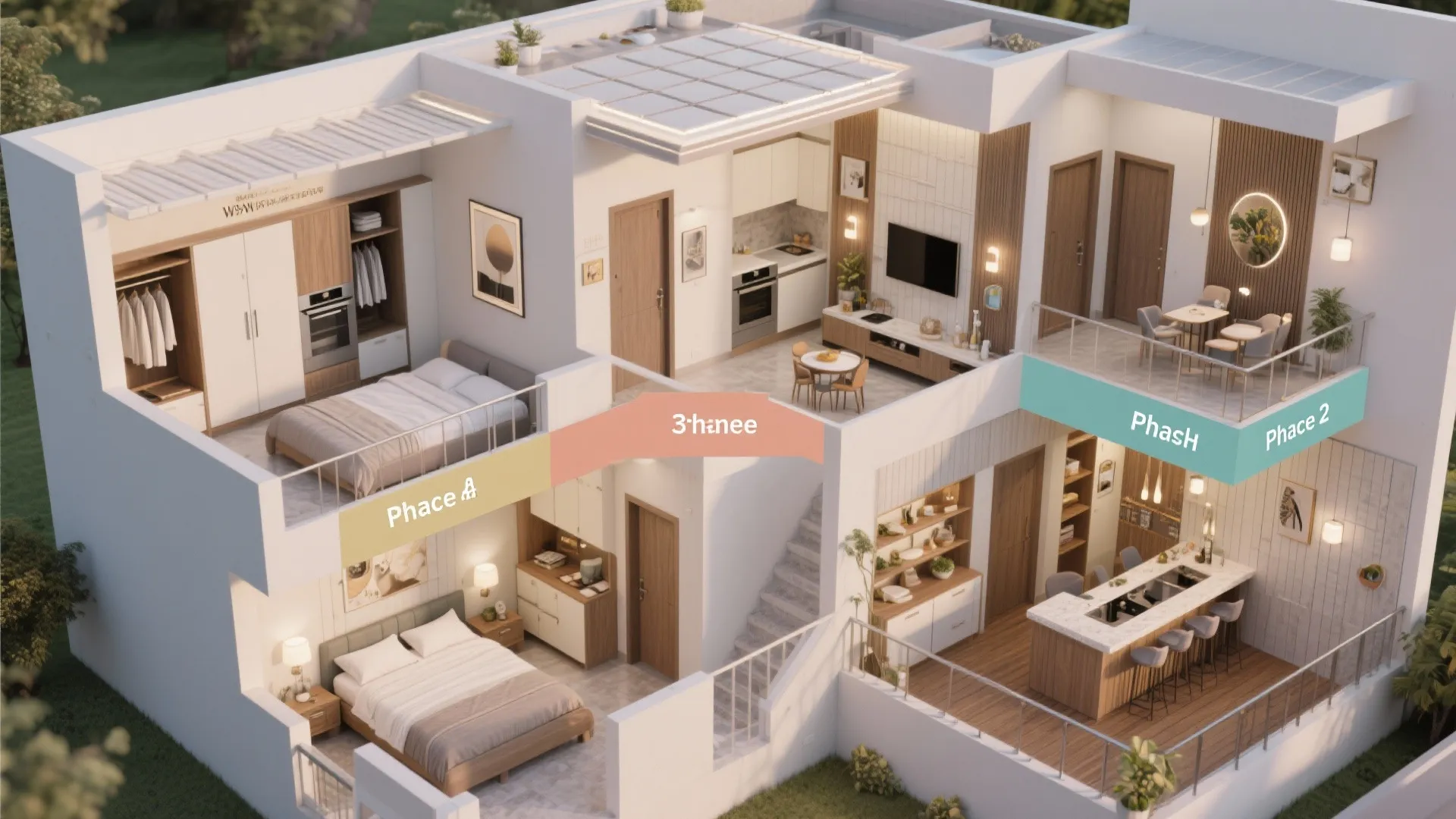 A 3D house layout showing different rooms like bedroom and kitchen with renovation phase labels