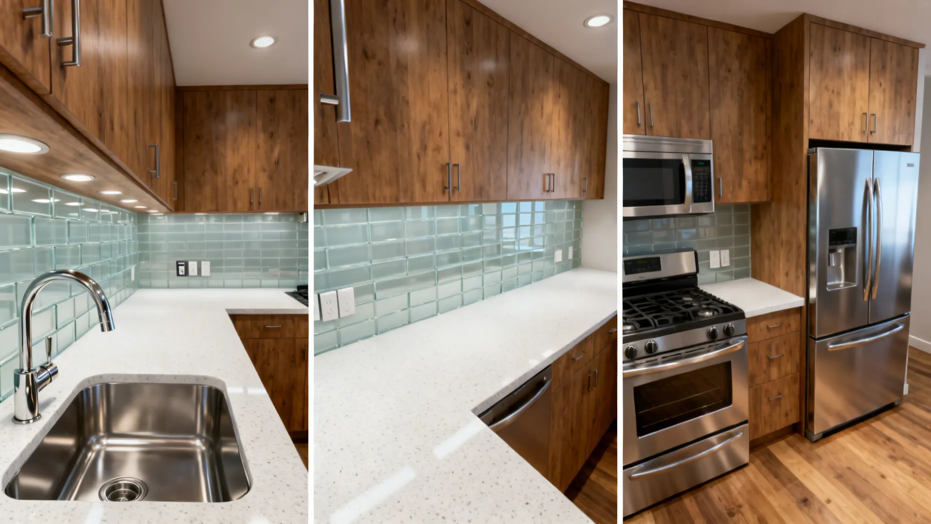 Top-down storyboard of phased small-kitchen upgrades from hardware to counters to appliances.