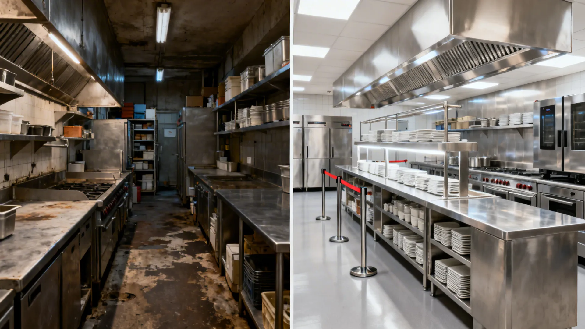 Side by side comparison of an old dirty kitchen and a clean modern stainless kitchen