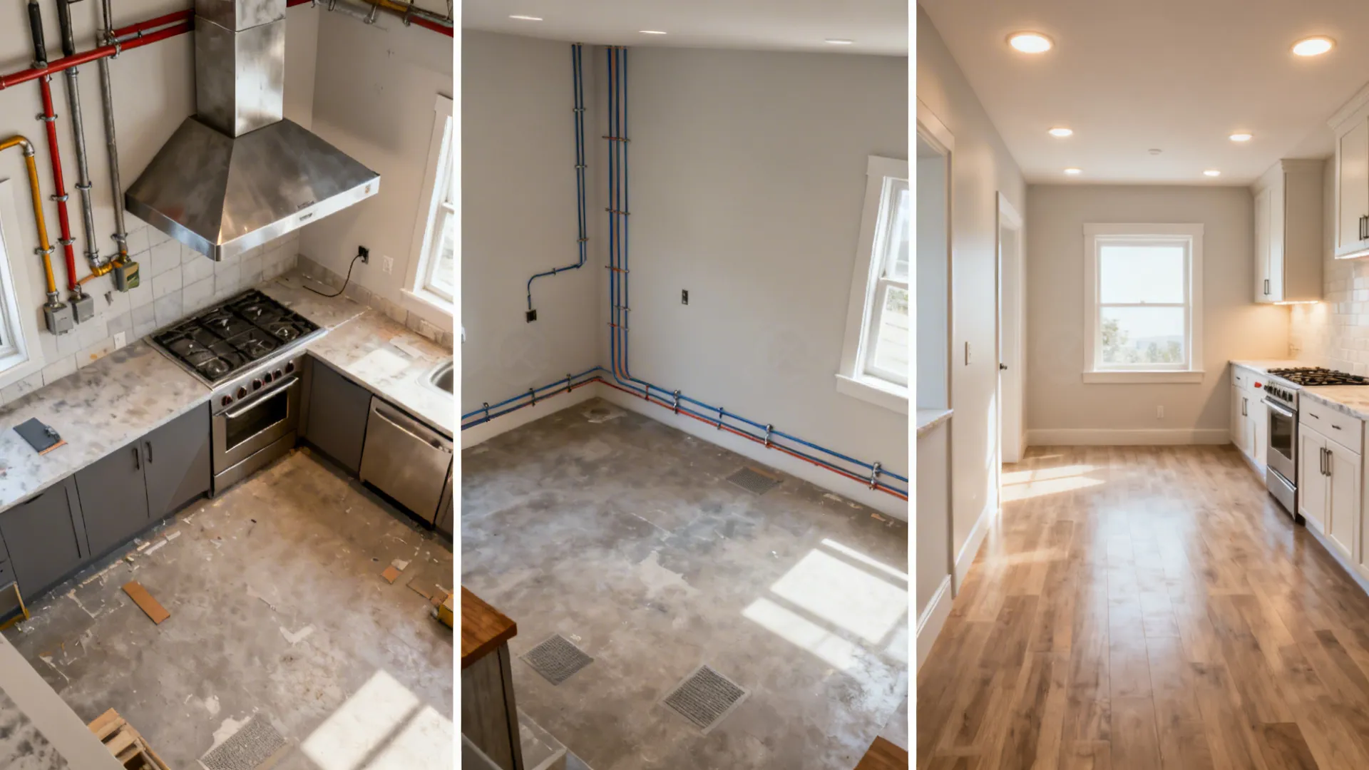 Top-down three-stage sequence showing utilities, then kitchen line, then front-of-house finishes completed.