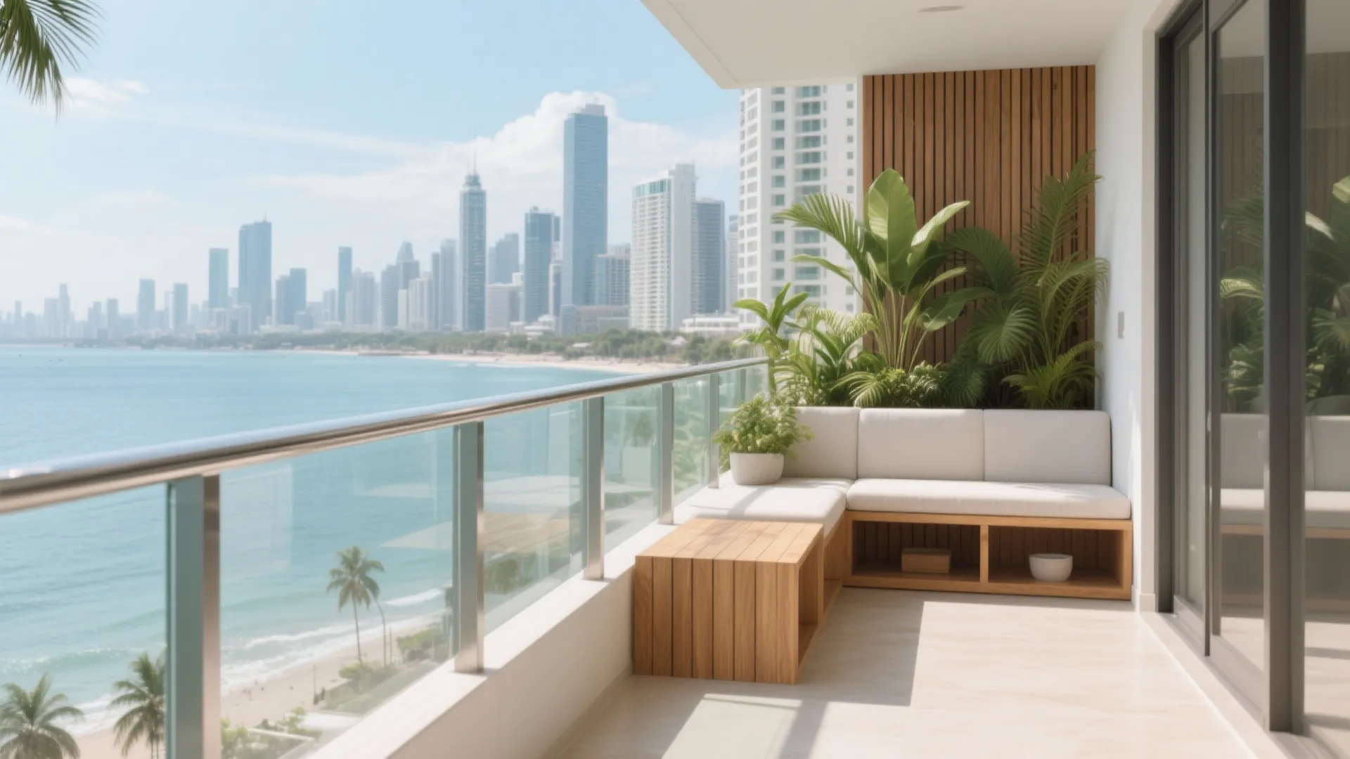 Modern balcony with white sofa and wooden table overlooking the ocean and city skyline view