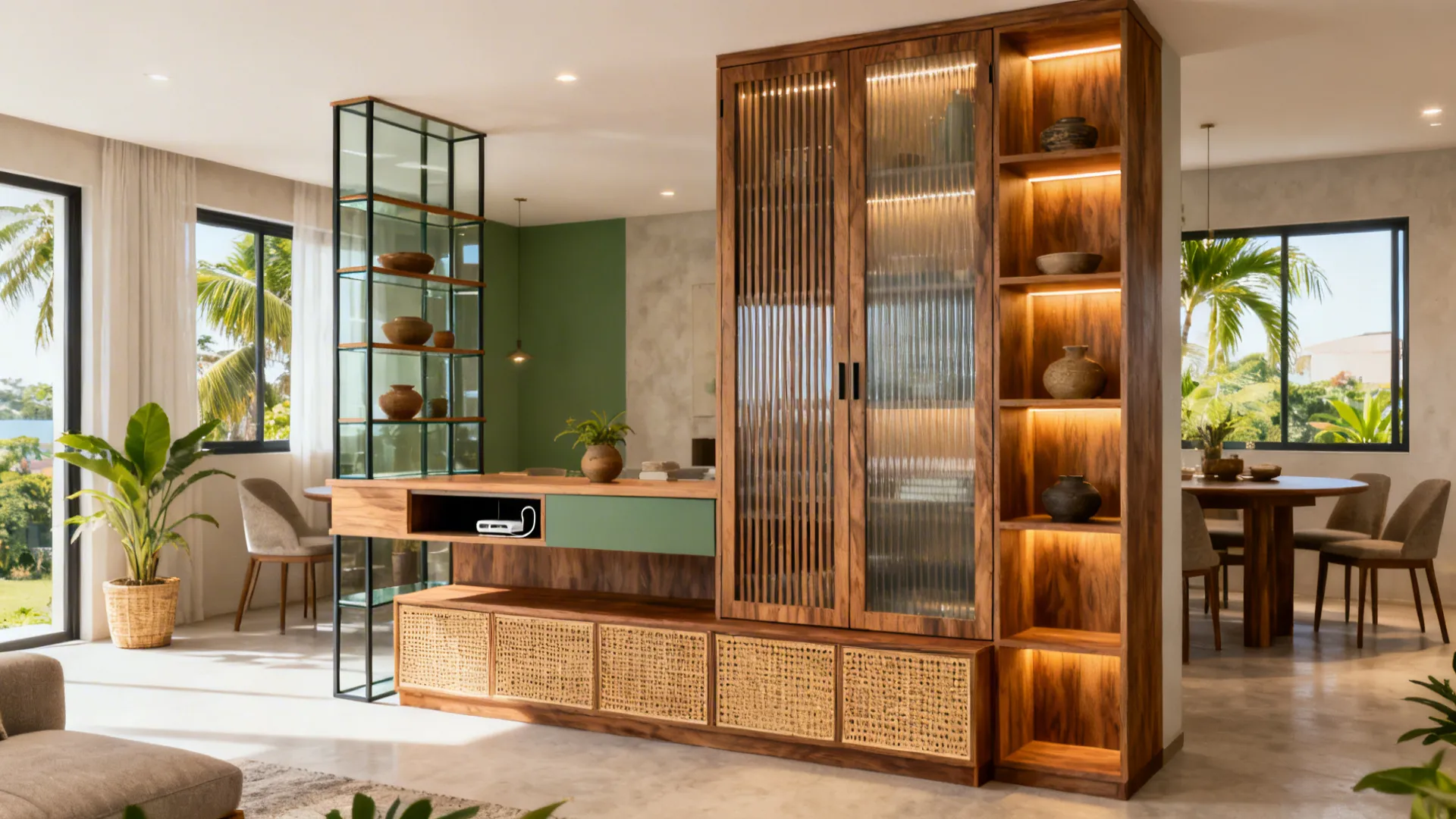 Wooden room divider cabinet with glass doors separating a living area and bright dining room
