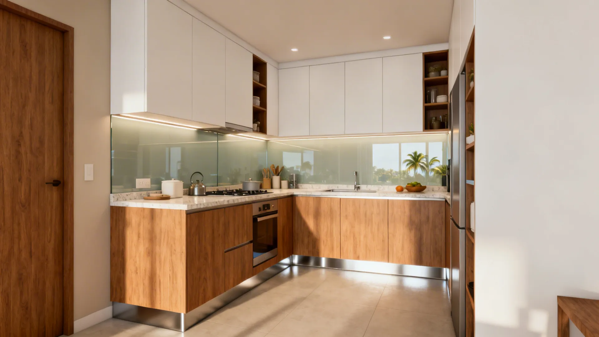 Modern kitchen with wood lower cabinets white upper cabinets marble countertop oven and built-in ceiling lights