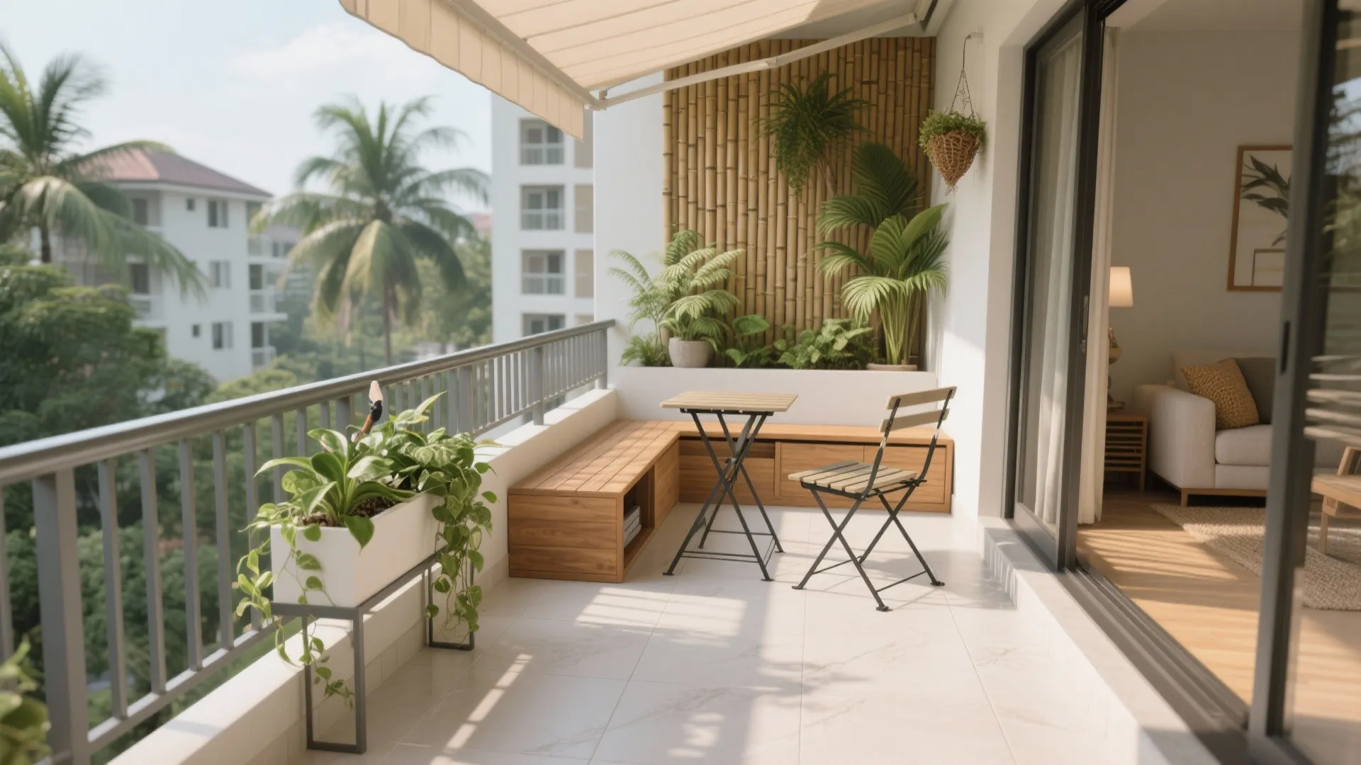 Modern sunny balcony featuring bamboo wall panel wooden bench folding furniture and green plants outside