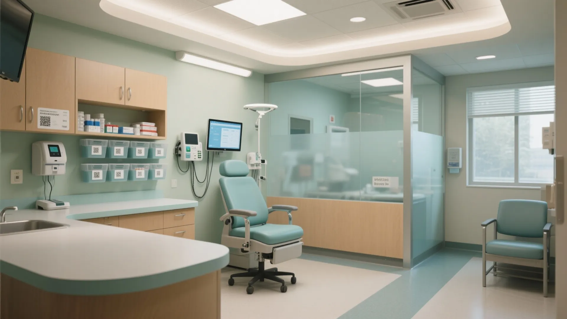 Modern clinic room featuring medical chair, wooden cabinets, wall monitor, glass partition, and ceiling light