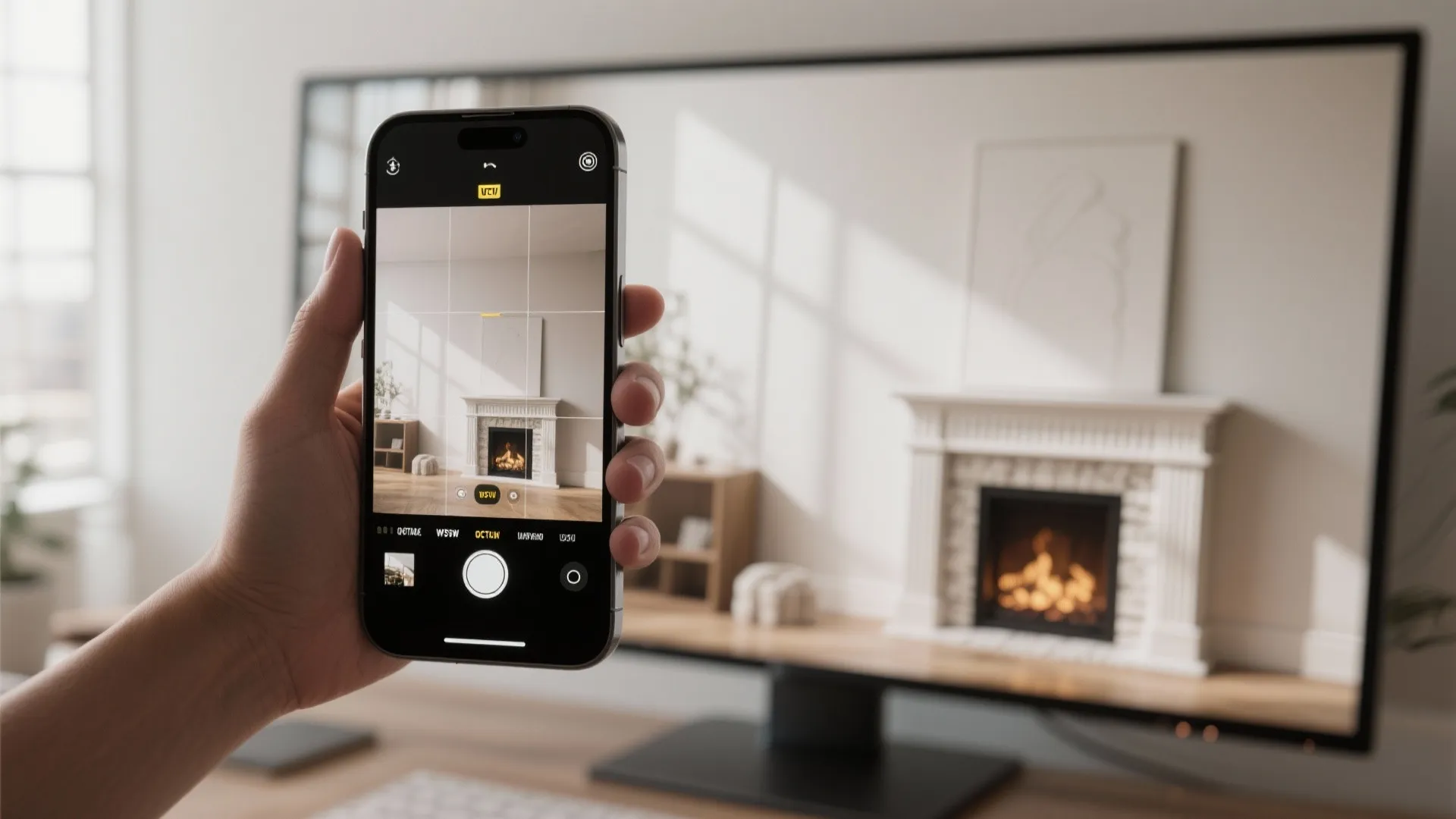 Photographing a mantel sample with a phone to check scale on a larger screen.