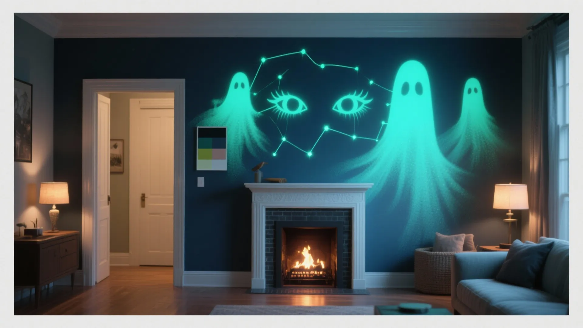 Living room featuring glowing ghost wall mural above white fireplace with blue sofa and lamps