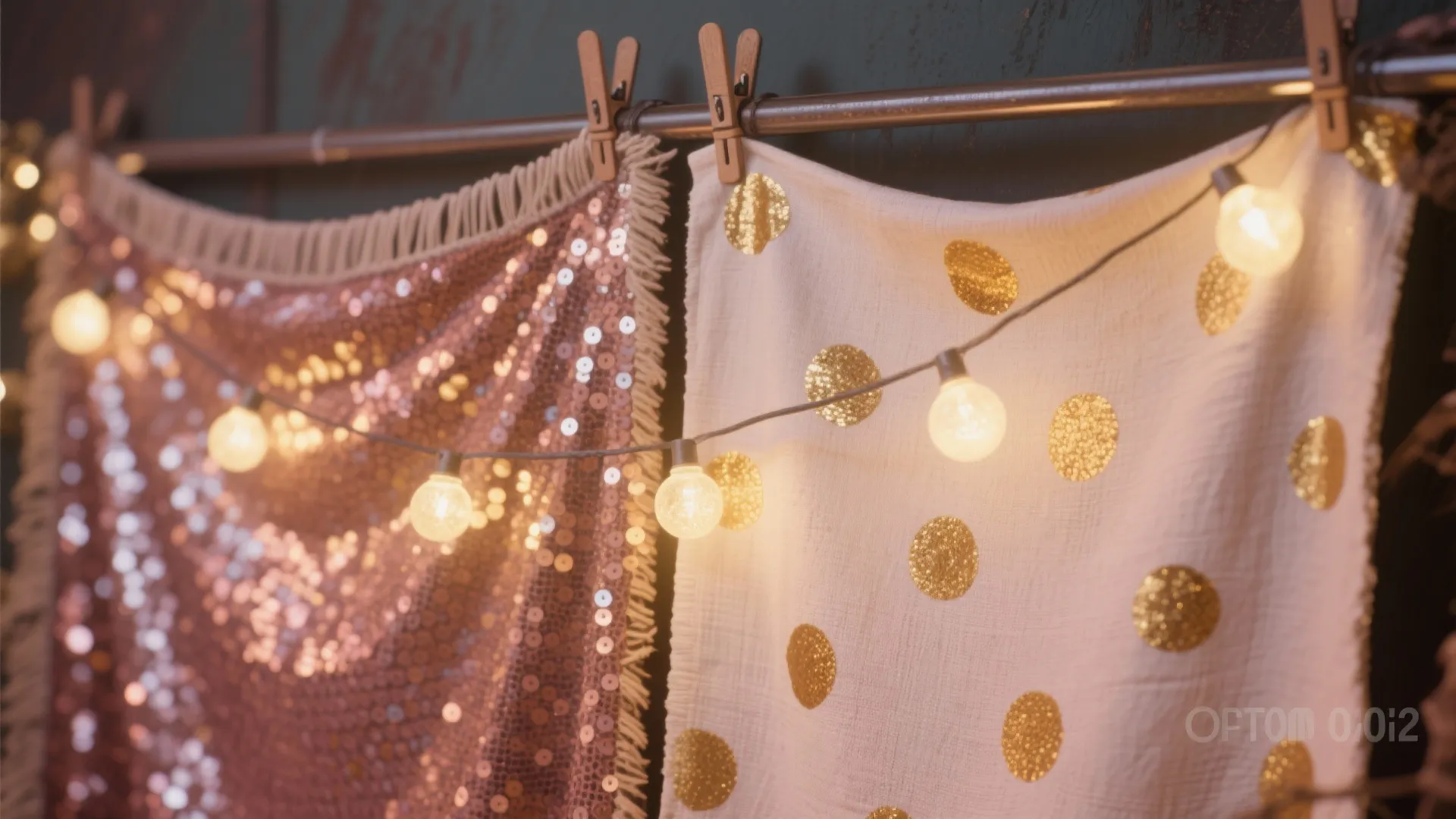 Sparkling pink and white fabric backdrops with gold dots hanging on a rod with lights