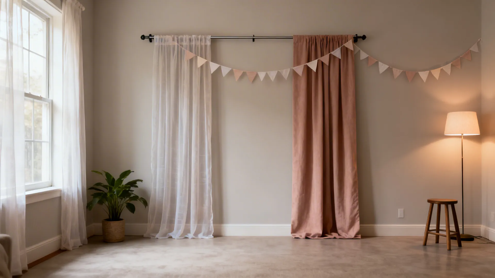 Renter-friendly living room photo wall with sheer curtains and a paper garland.
