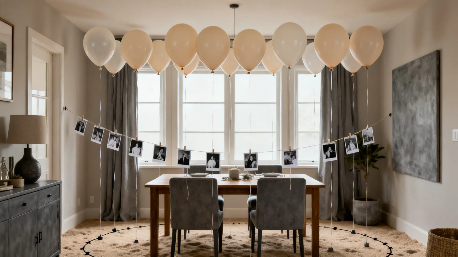 Dining room decorated with white balloons and printed photos hanging over wooden table with chairs