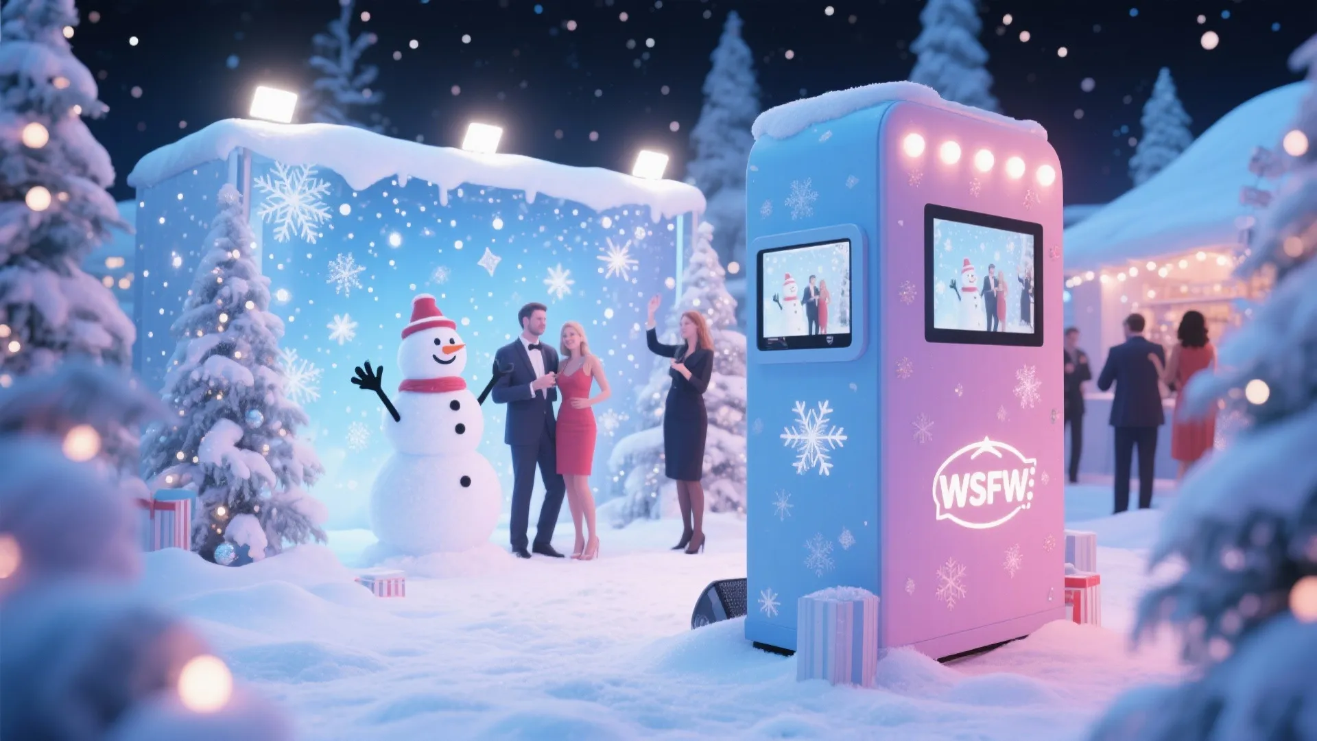 Snowman-themed interactive photo booth with sparkle backdrop