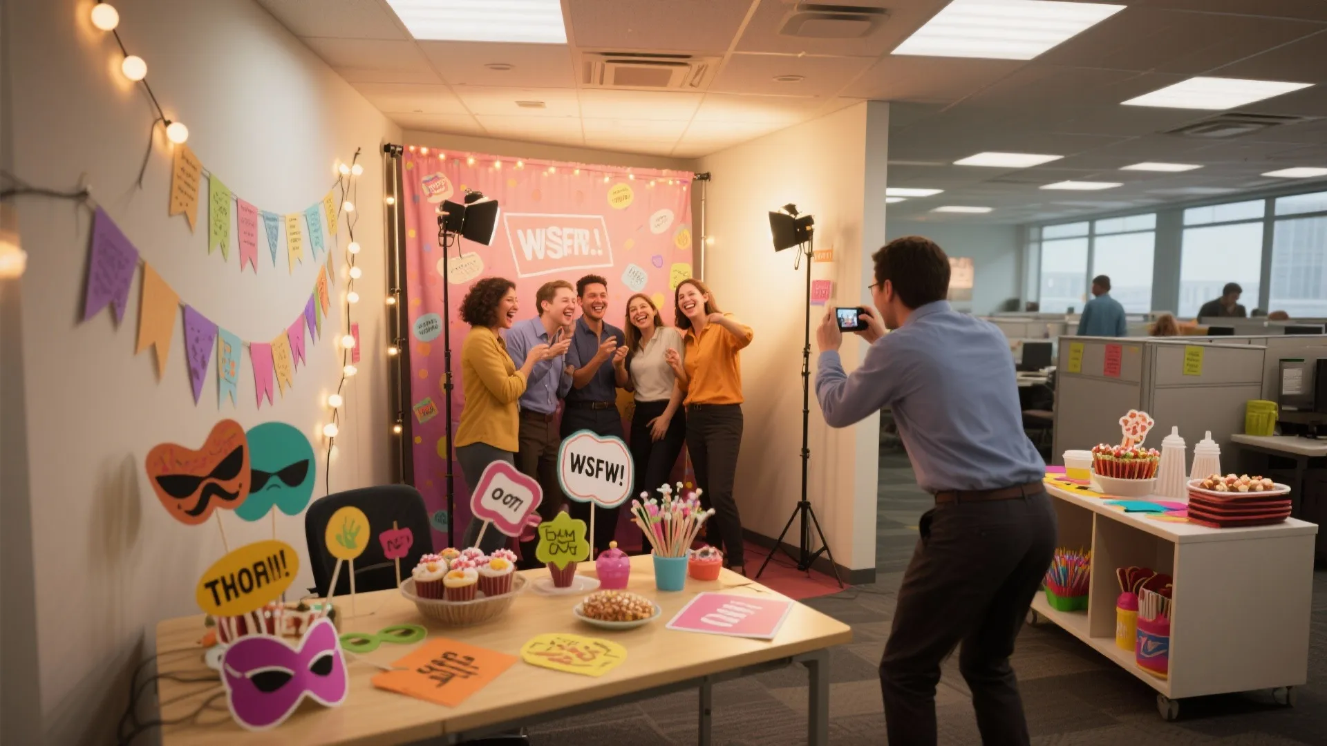 People posing for pictures at an office photo booth with pink backdrop and colorful props