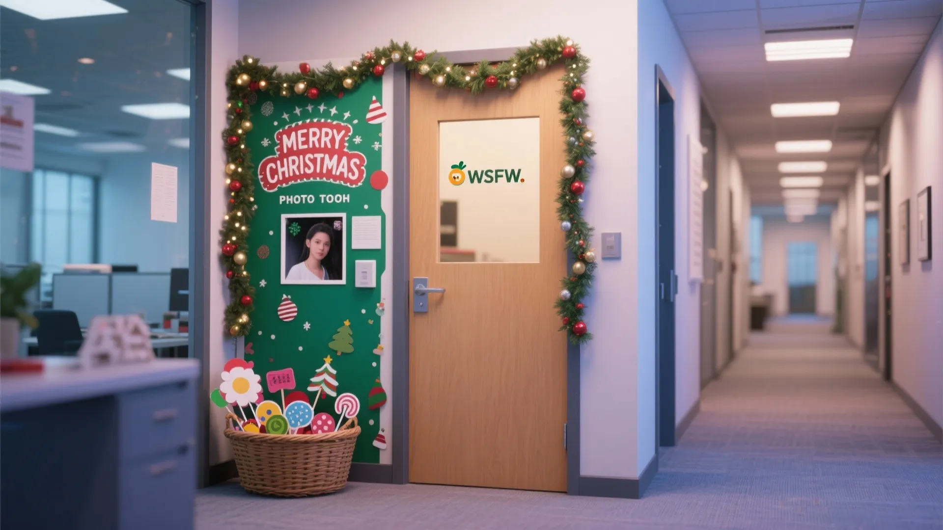 Office door decorated with Christmas garland and green photo booth wall in a long hallway