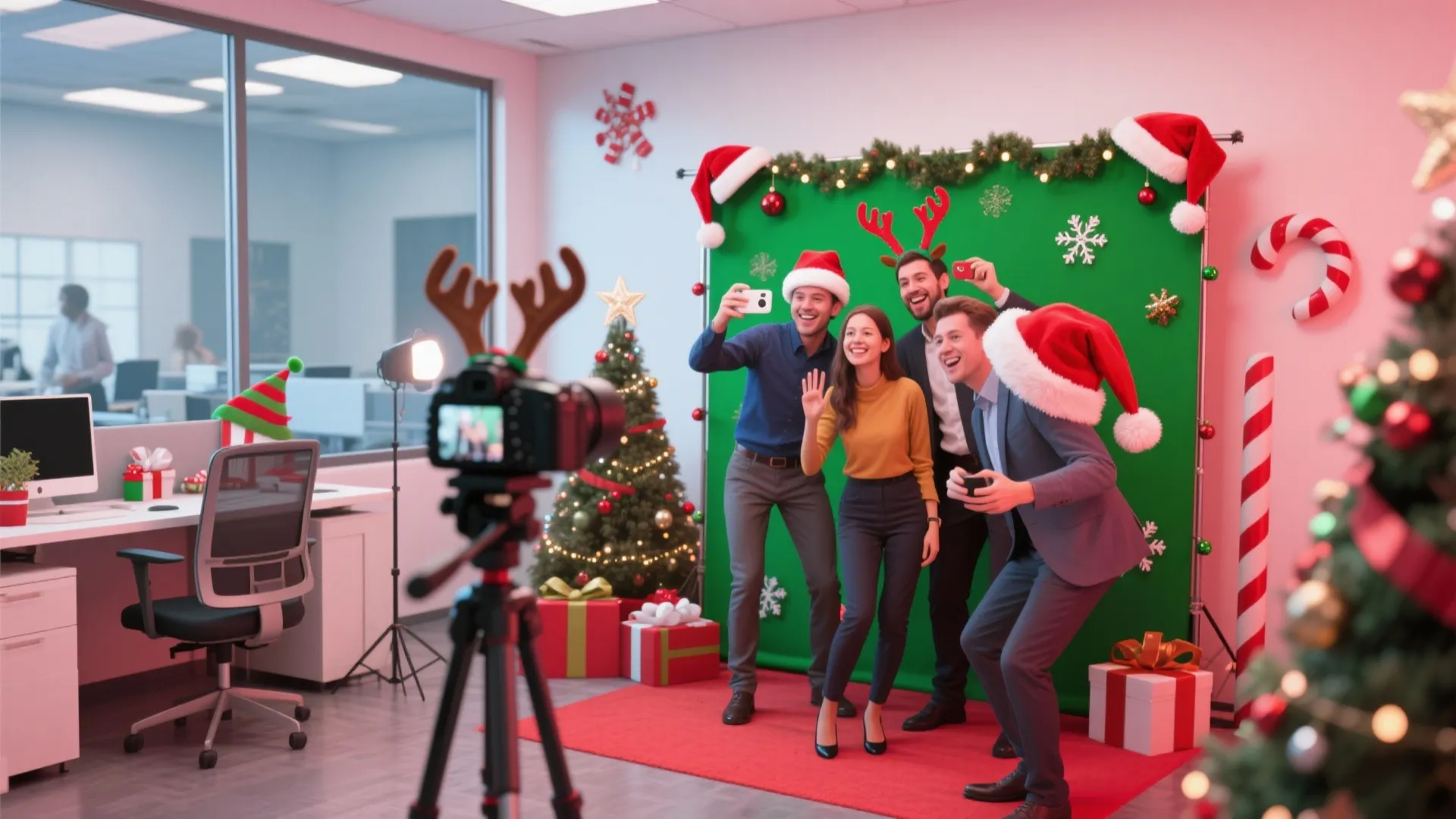 Office workers wearing Santa hats taking selfies in front of a green screen photo booth