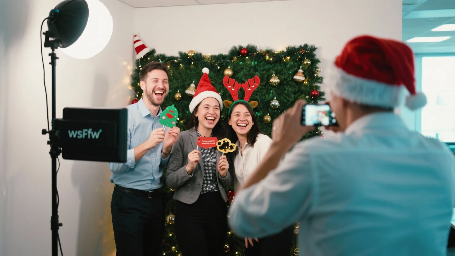 Happy coworkers posing with props for Christmas photos in office with professional lighting and tree