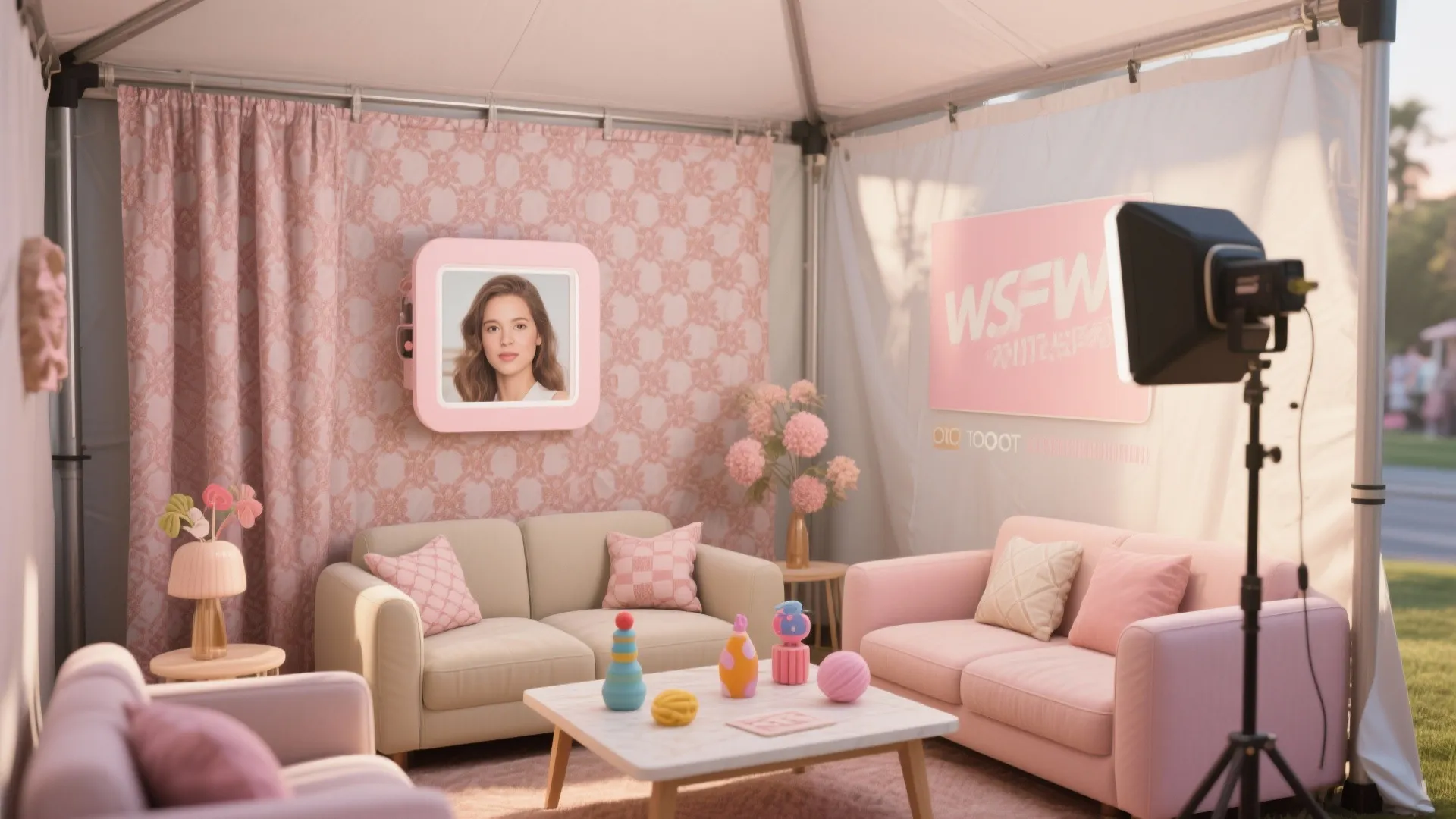 Pink themed photo booth interior design with light pink sofas white table and professional lighting