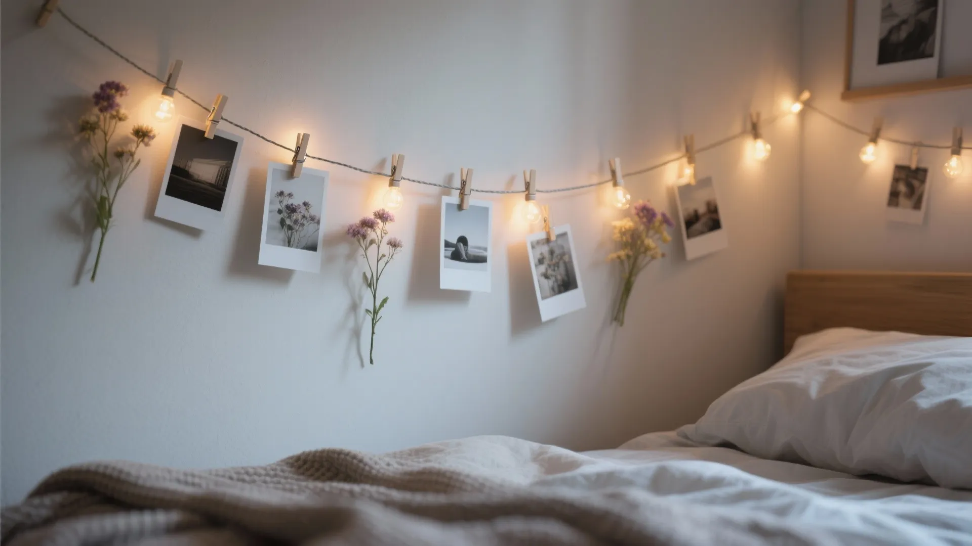 String lights with clips hanging photos and flowers on a white wall above a bed