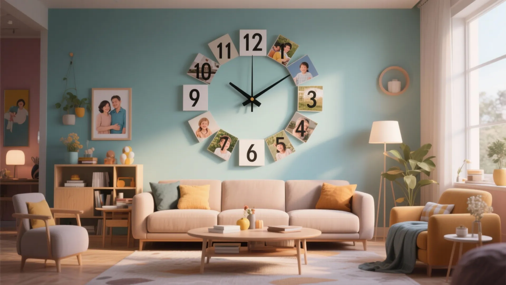Bright living room with blue wall featuring a large wall clock made from family photos