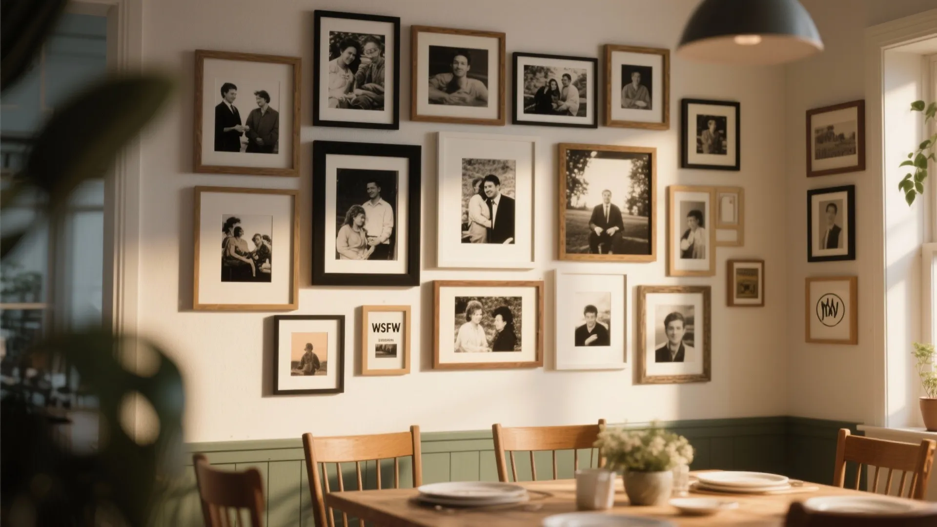 Dining room wall with a collection of black and white family photos in various frames