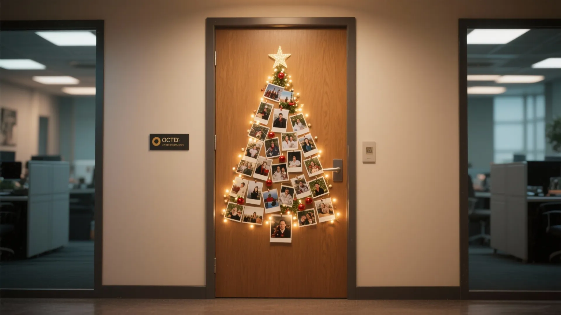 Wooden office door featuring a Christmas tree shape made of small photos and string lights