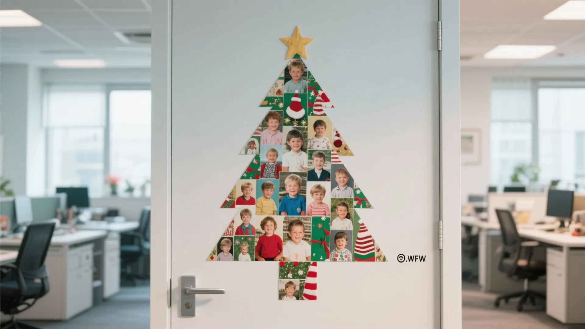 Office door decorated with Christmas tree shape made from many small photos of happy young children